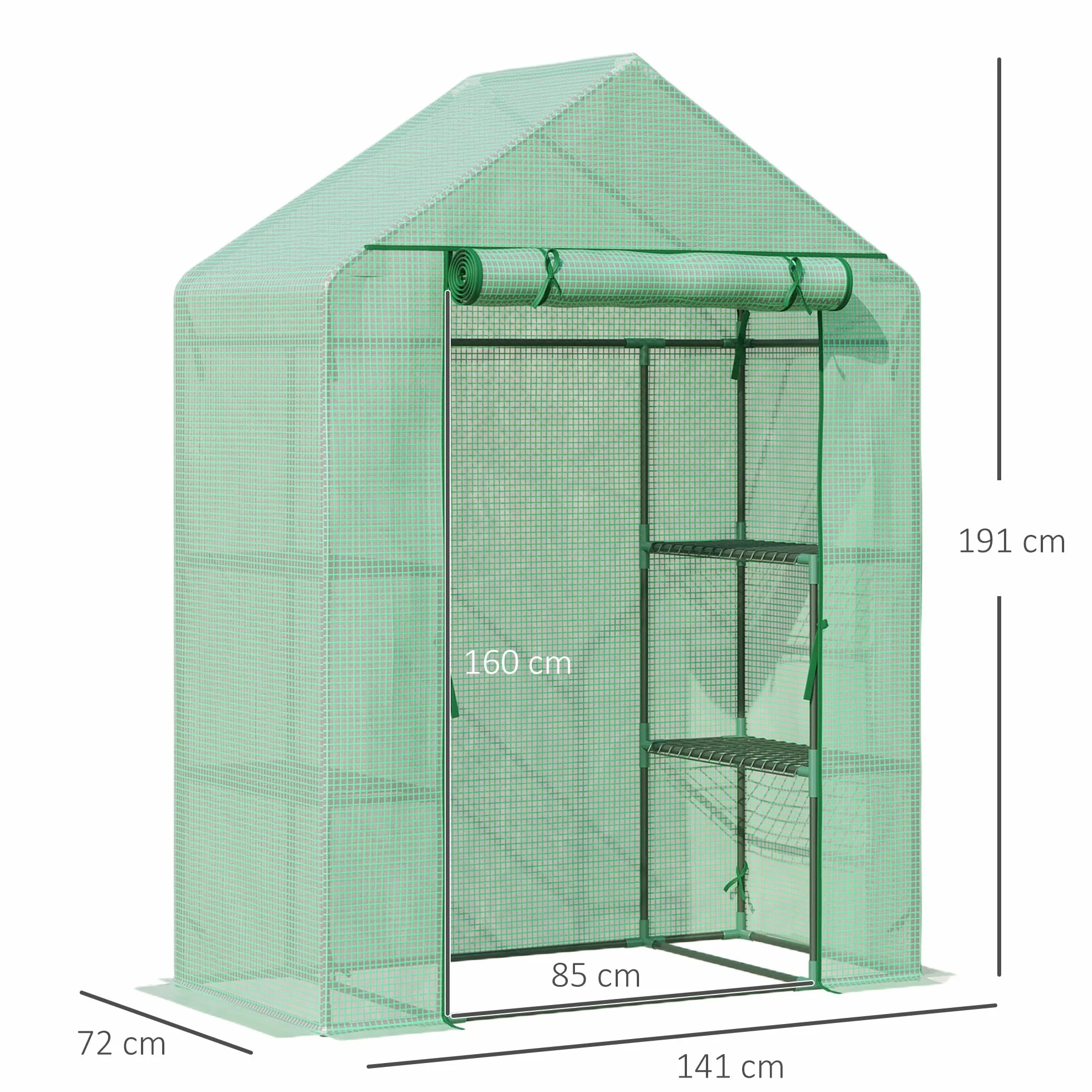 Outsunny Serre de Jardin avec Étagères 3 Niveaux, Bâche PE 140 g/㎡, Châssis Acier, 141x72x191 cm, Vert