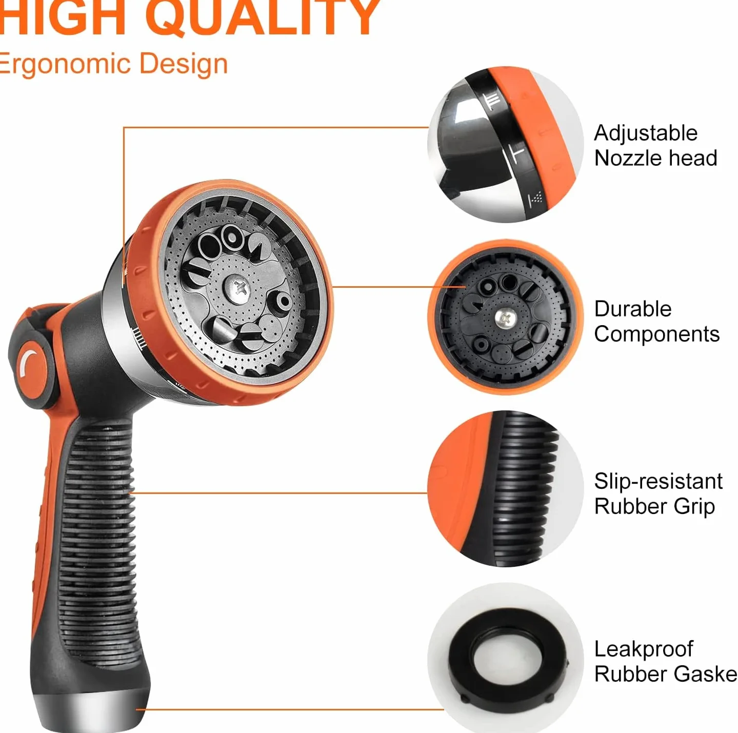 Pistolet d'Arrosage de Jardin Haute Pression 10 Modes Réglable Orange