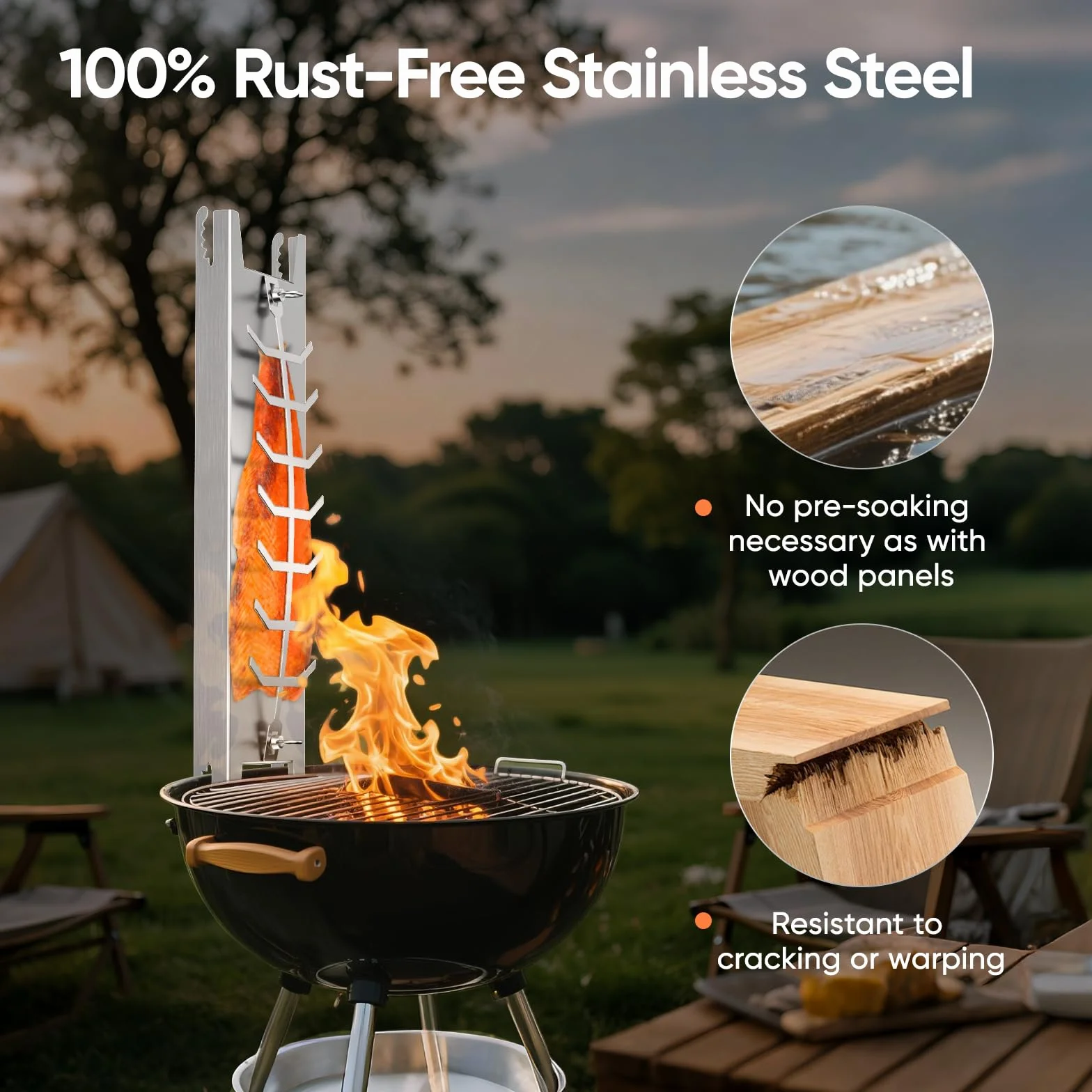 Planche à saumon flambée avec support en acier inoxydable, rotation 180°, pour brasero & barbecue, 23.43 x 6.3 x 1.42 Inch