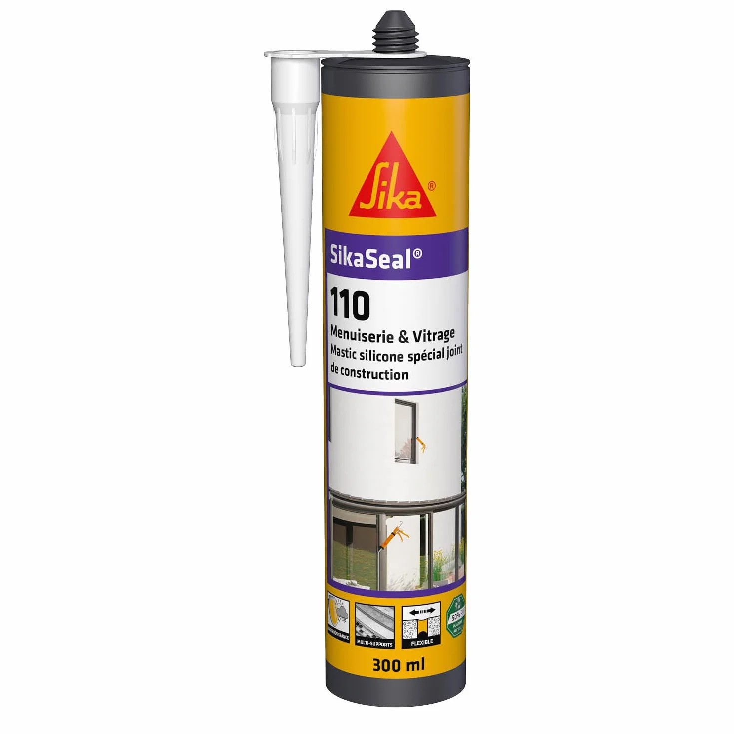 SIKA - Mastic silicone de construction - SikaSeal-110 Menuiserie & Vitrage transparent - Joint de menuiserie et vitrage - Extérieur/intérieur - 300 ml