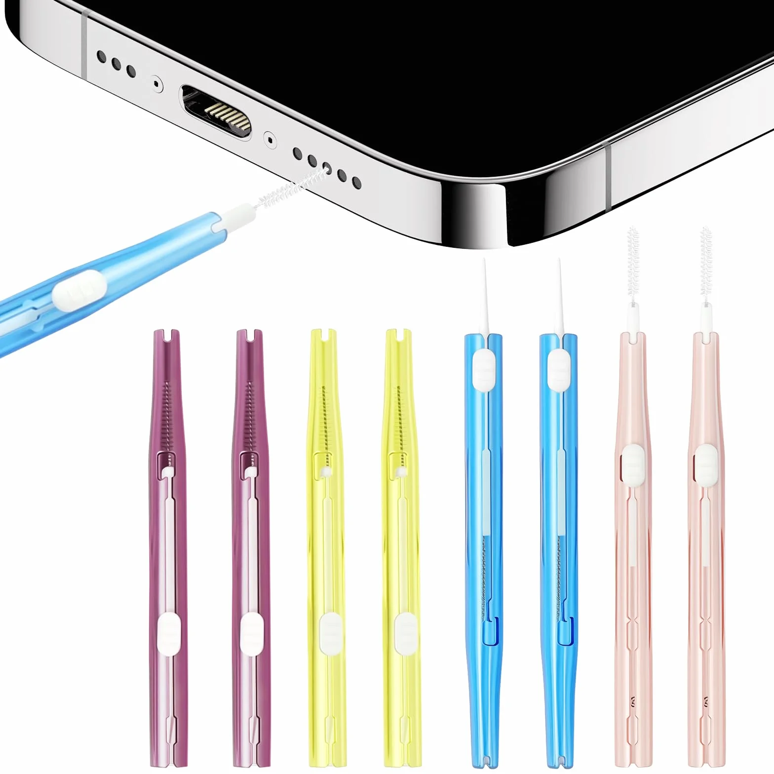 AXFEE 8PCS Kit de Nettoyage pour Port de Charge De téléphone, Mini Brosses De Nettoyage Double Face pour Port D-e Charge, Poils et Crochet, Kit d-e Nettoyage Push Pull, pour Téléphones et Écouteurs