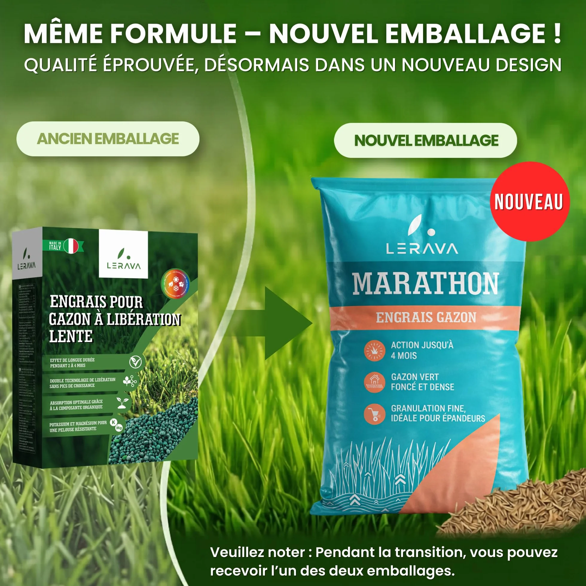 LERAVA Engrais Gazon Printemps Marathon NPK libération lente anti mousse – Fertilisant pelouse azote