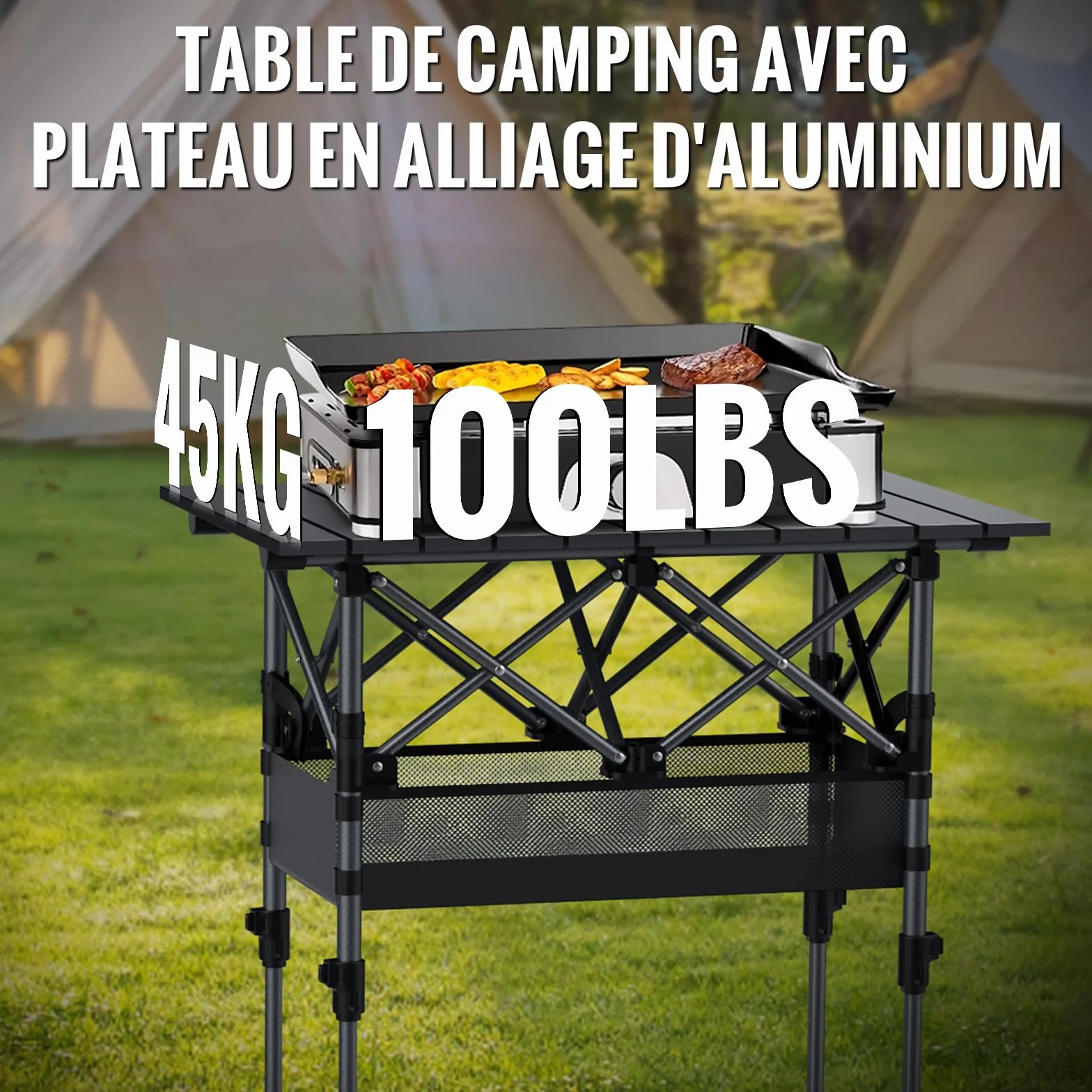 GARLLEN Table de Camping Pliante Portable Deux Réglages de Hauteur Imperméable 3-4 Personnes