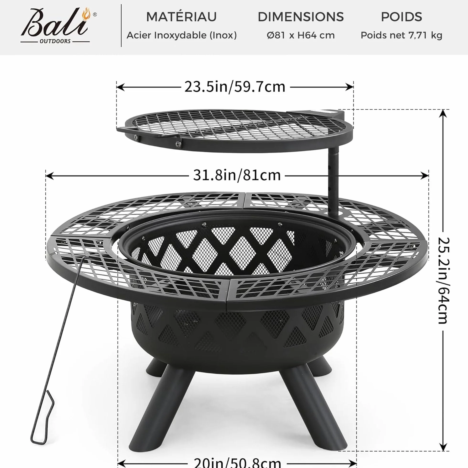 BALI OUTDOORS Foyer à bois extérieur avec grille de cuisson noir