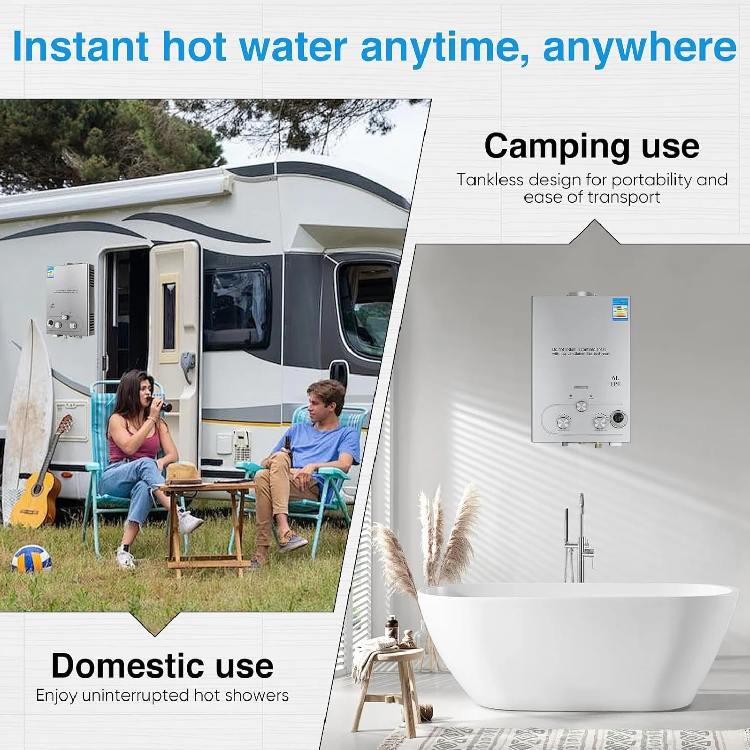 Chauffe-eau à Gaz Instantané 6L 12KW 6 L/min LPG Butane Propane Maison Camping Car Mode Hiver Été