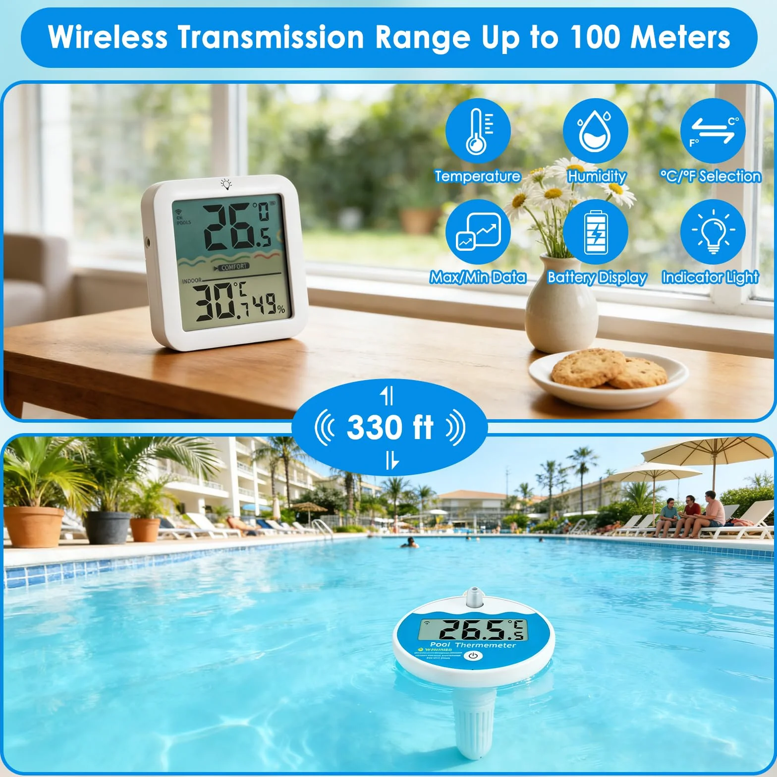 Thermomètre de piscine numérique IPX68 flottant sans fil avec affichage LCD