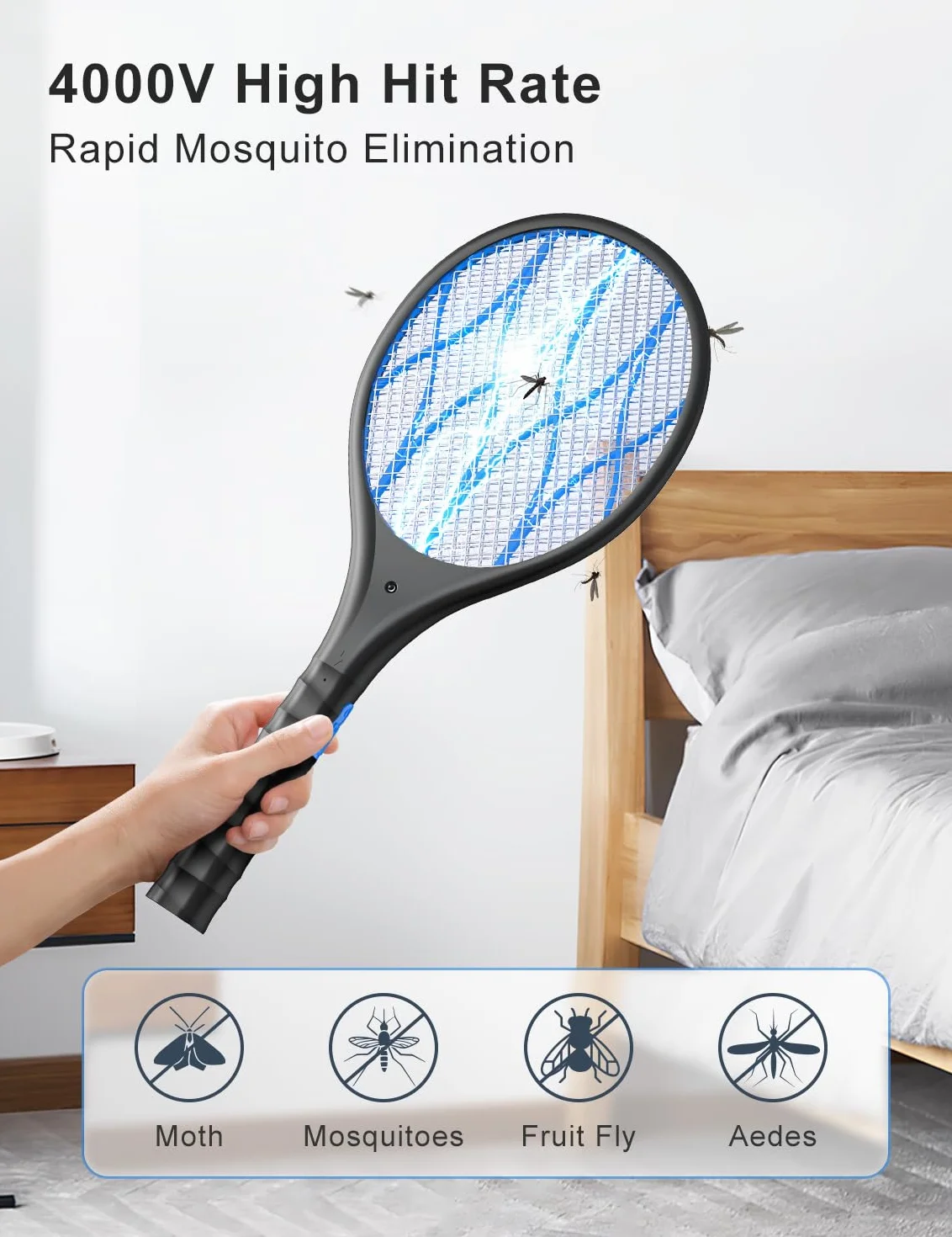 AROEVE Raquette Electrique Insectes 4000V Anti Moustique Recharge USB Lumière LED Lampe Torche Protection 3 Couches Double Interrupteur Noir