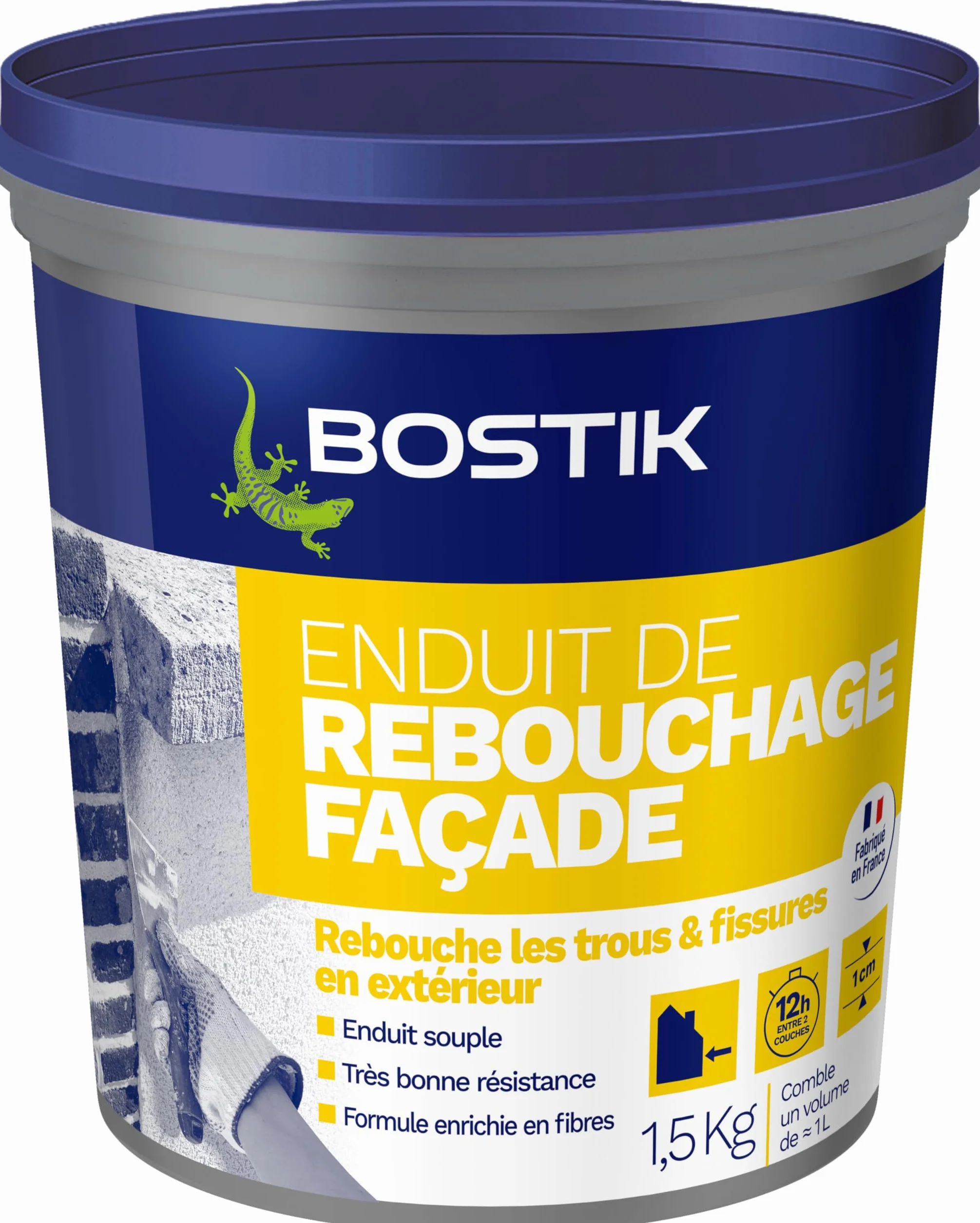 Bostik Enduit de Rebouchage Façade en Pâte – Prêt à l’Emploi – Intérieur/Extérieur – Tous Supports – Rebouchage et Égalisation de Trous et Fissures Jusqu’à 1 cm – Blanc – Pot 1,5 kg