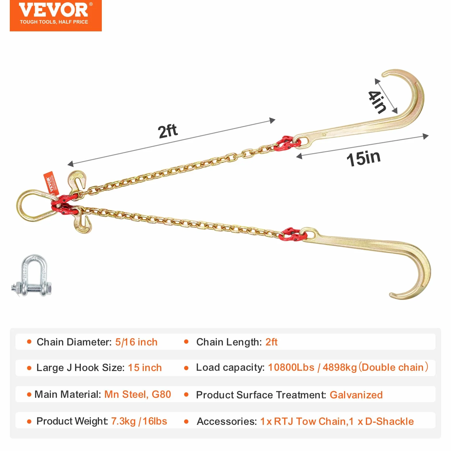 VEVOR Chaîne de Remorquage à Crochets J, Capacité de Charge 4898 kg,​ Chaine Bride V de Remorque G80 avec Crochet de Préhension, 8 mm x 60 cm, pour Dépannage, Transport, Dépanneuse, Camion à Plateau