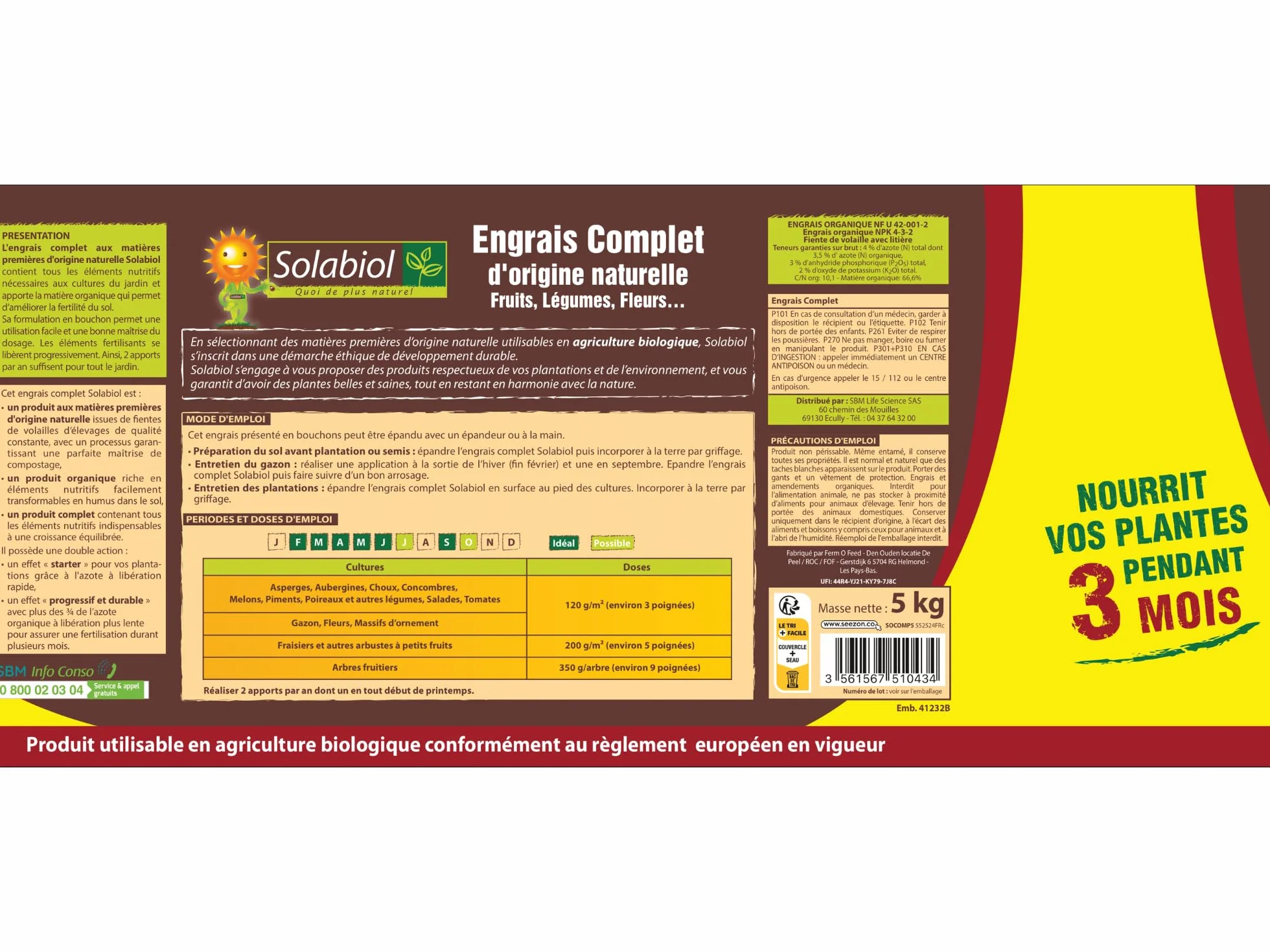 SOLABIOL Engrais Jardin Complet 5Kg - Utilisable en Agriculture Biologique - Double Action Starter & Nutrition Longue Durée