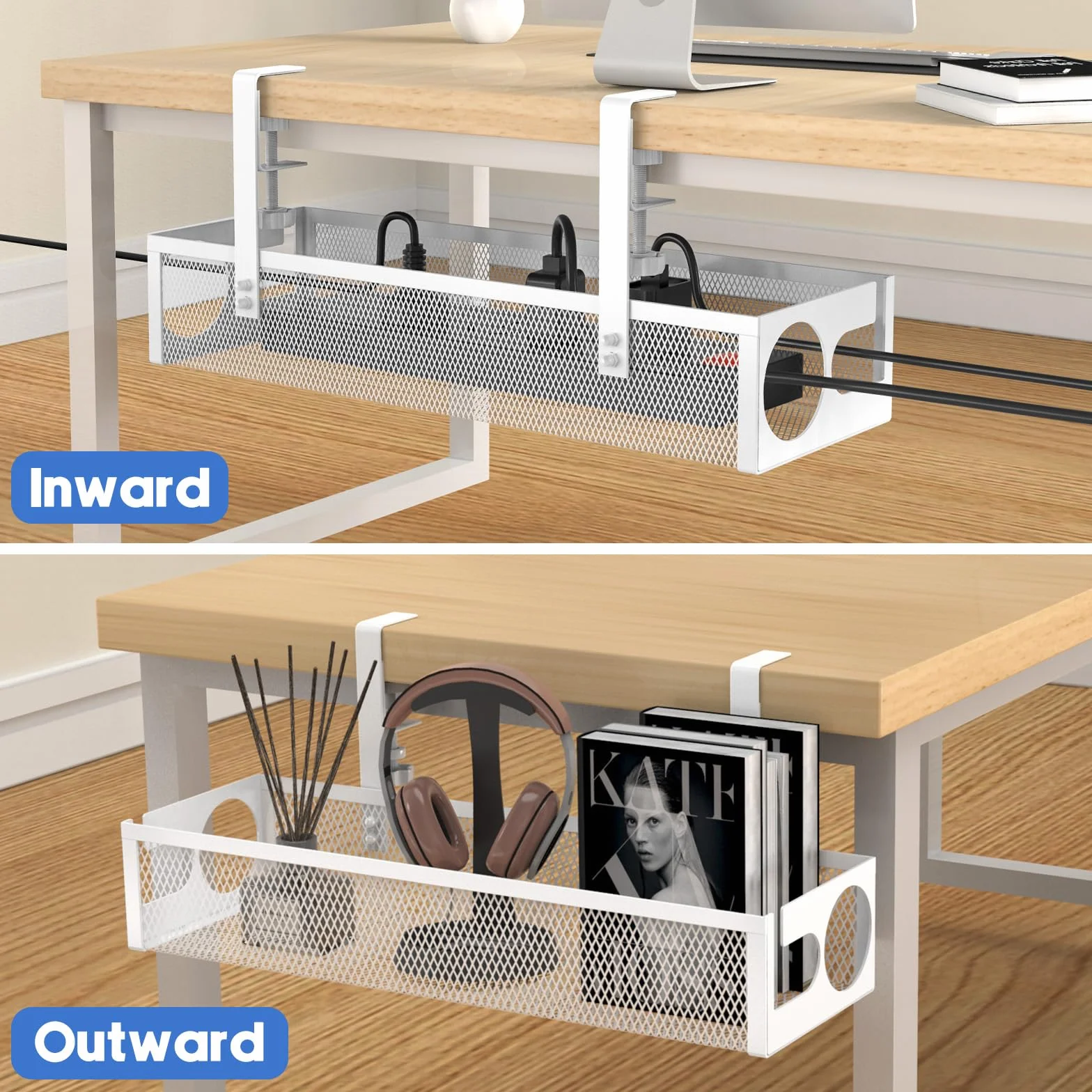 RERLYING Plateau de Gestion des Câbles sous Le Bureau sans Perçage, Aucun Dommage au Bureau, Chemin de câbles en Treillis méTallique avec Pince, Chemin de câbles de Rangement sous Le Bureau, Blanc