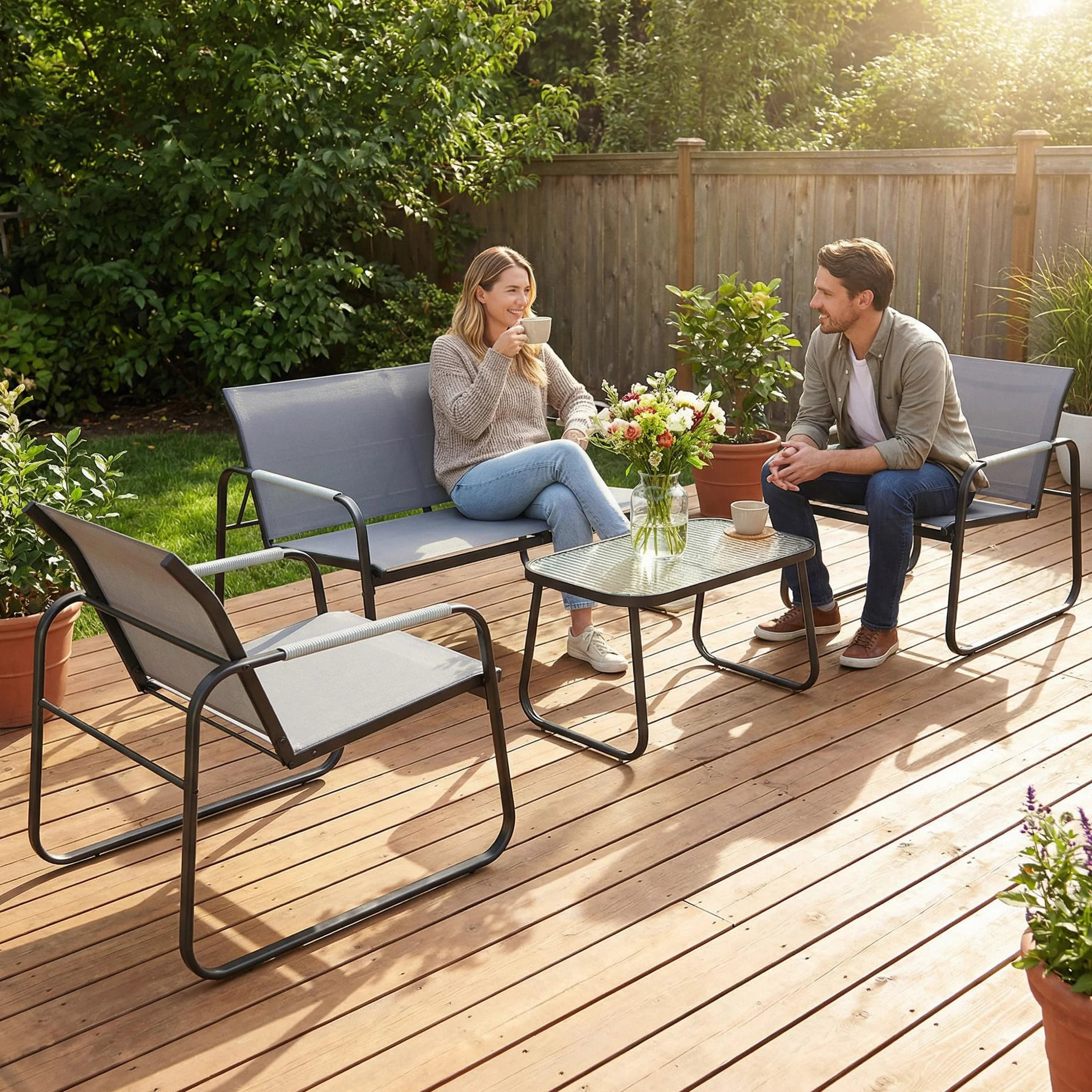 Outsunny Salon de Jardin 4 Pièces Acier Textilène Ensemble Terrasse Accoudoirs Corde Tressée Canapé 2 Places Fauteuils Table Basse Verre Trempé Gris