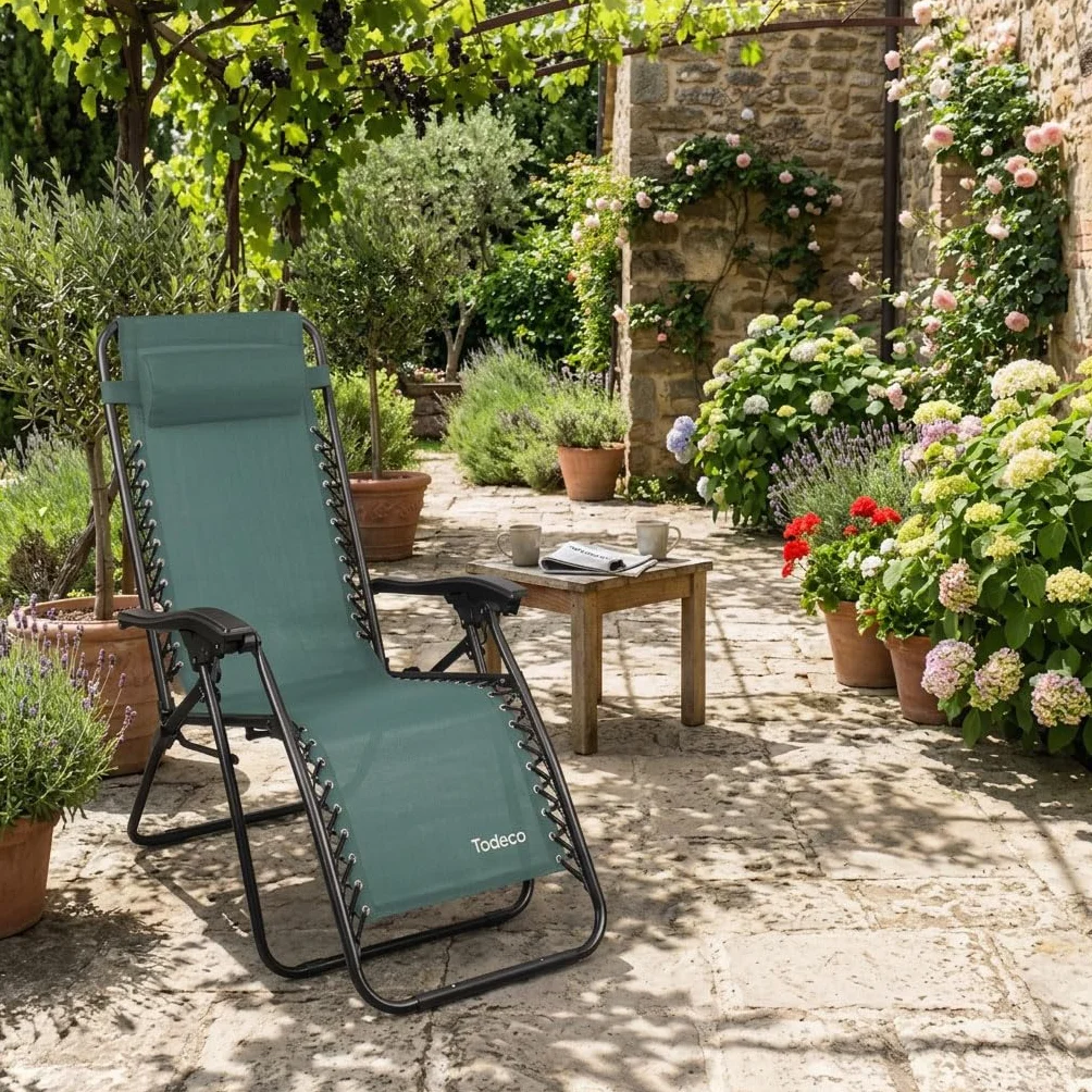 Todeco Chaises Longues Zéro Gravité Pliables en Textilène Respirant avec Repose-Tête, Vert