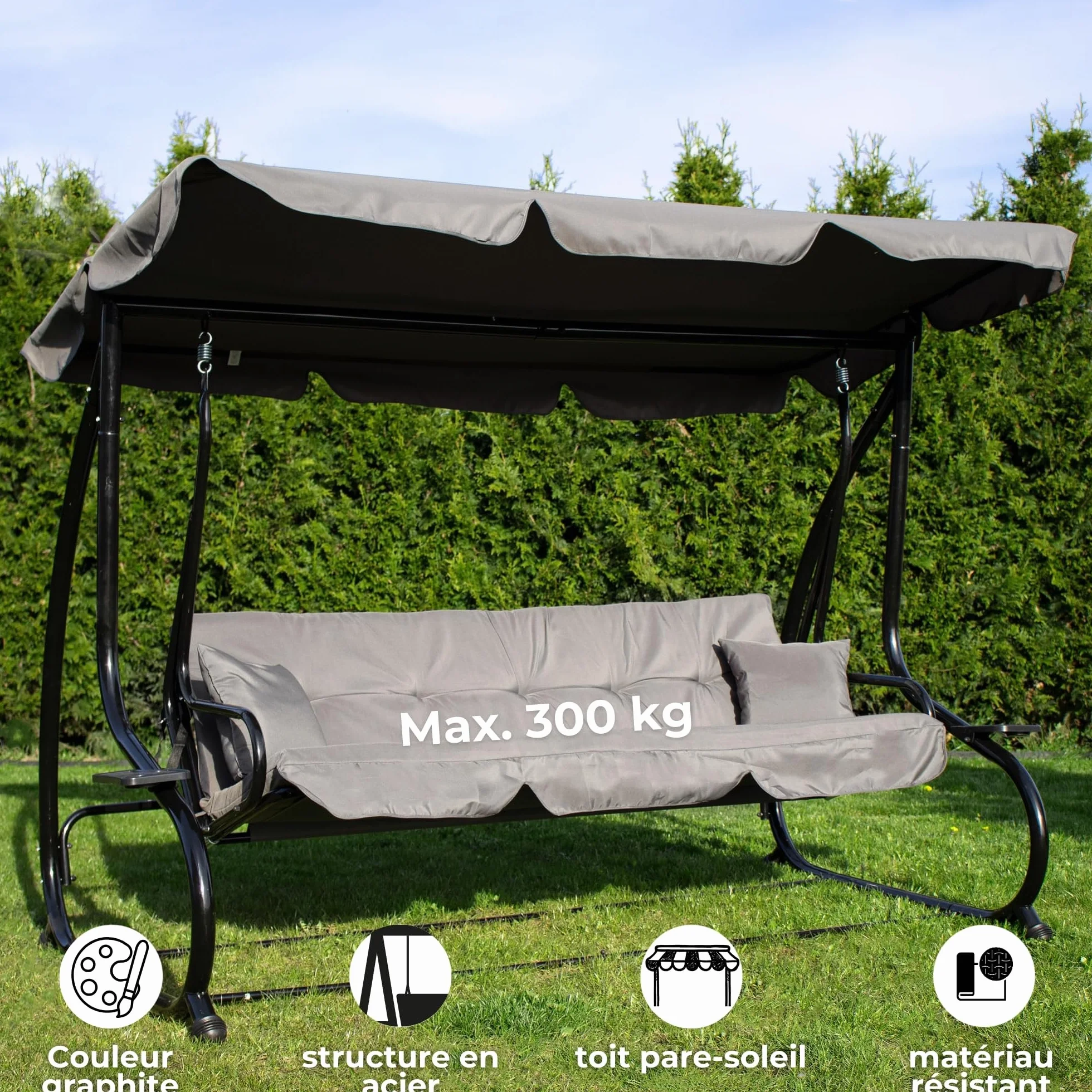 SPRINGOS Balancelle de Jardin 4 Places 220 x 162 cm avec 2 Coussins Porte-Gobelet Toit Réglable Balançoire Jardin Acier Gris