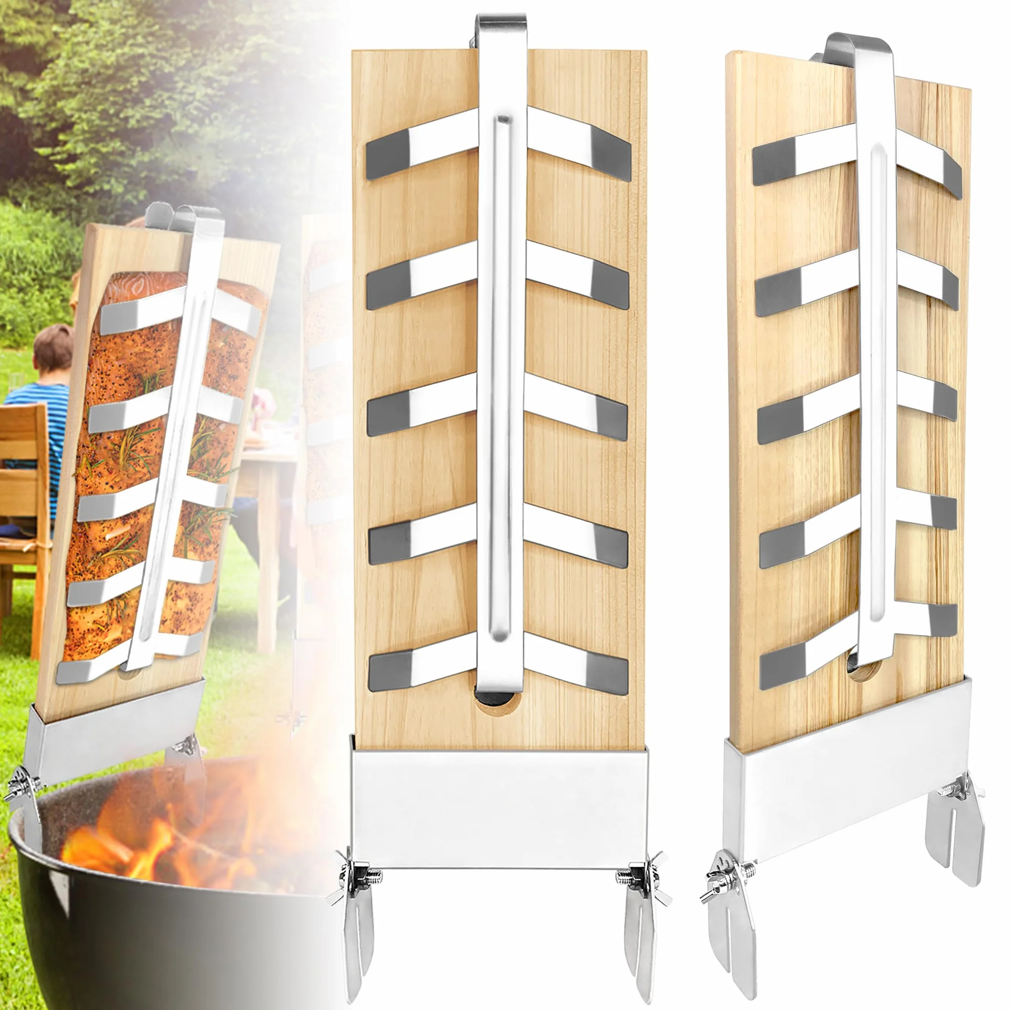 Lot de 2 planches à saumon flammé en acier inoxydable 5 niveaux réglables pour barbecue