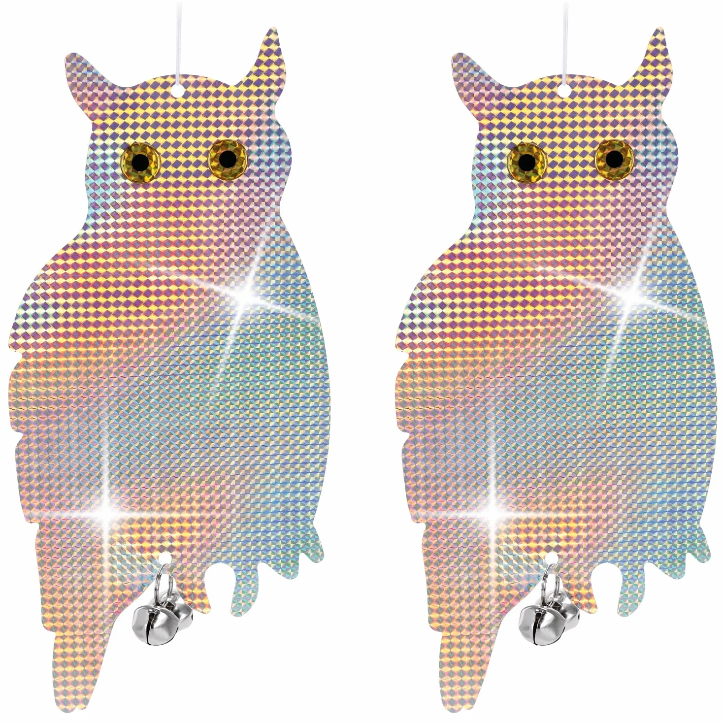COM-FOUR® 2X Chouette factice effaroucheur d'oiseaux - Oiseau de Proie Artificiel avec Clochette et Feuille réfléchissante
