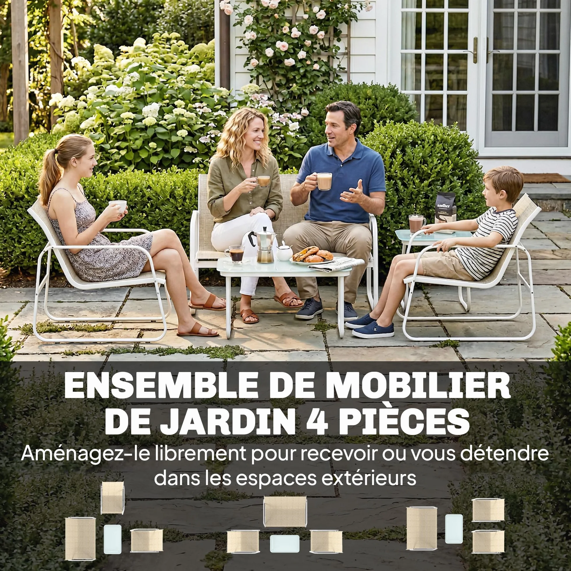 Outsunny Salon de Jardin 4 pièces avec canapé, fauteuils et table basse, Plateau en Verre trempé, Pieds réglables, Kaki et Blanc