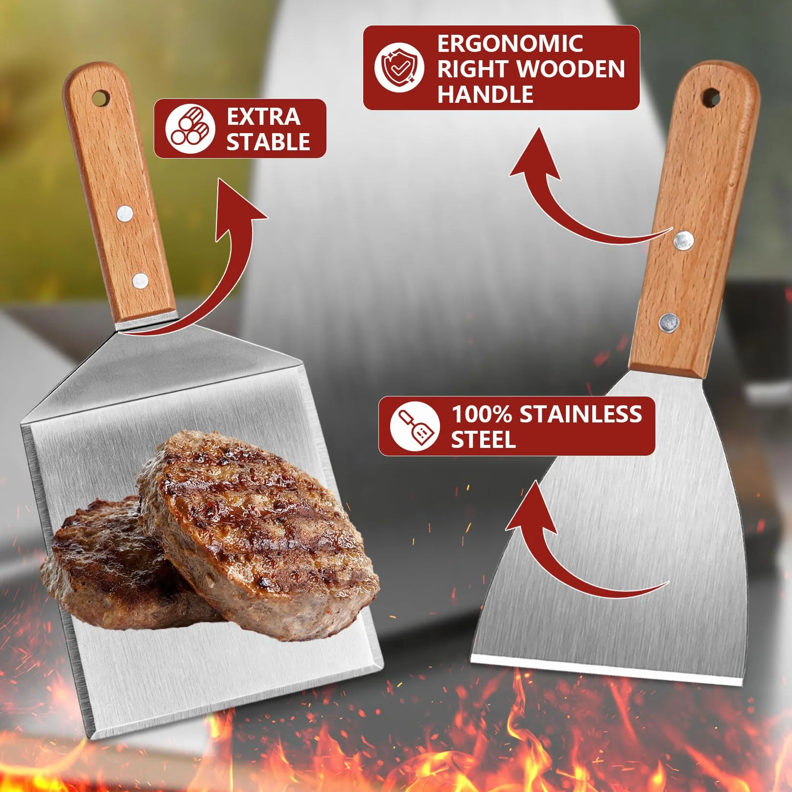 Spatule Plancha Inox avec Manche en Bois pour Barbecue Smash Burger BBQ Ustensile de Cuisine - 2 Pièces
