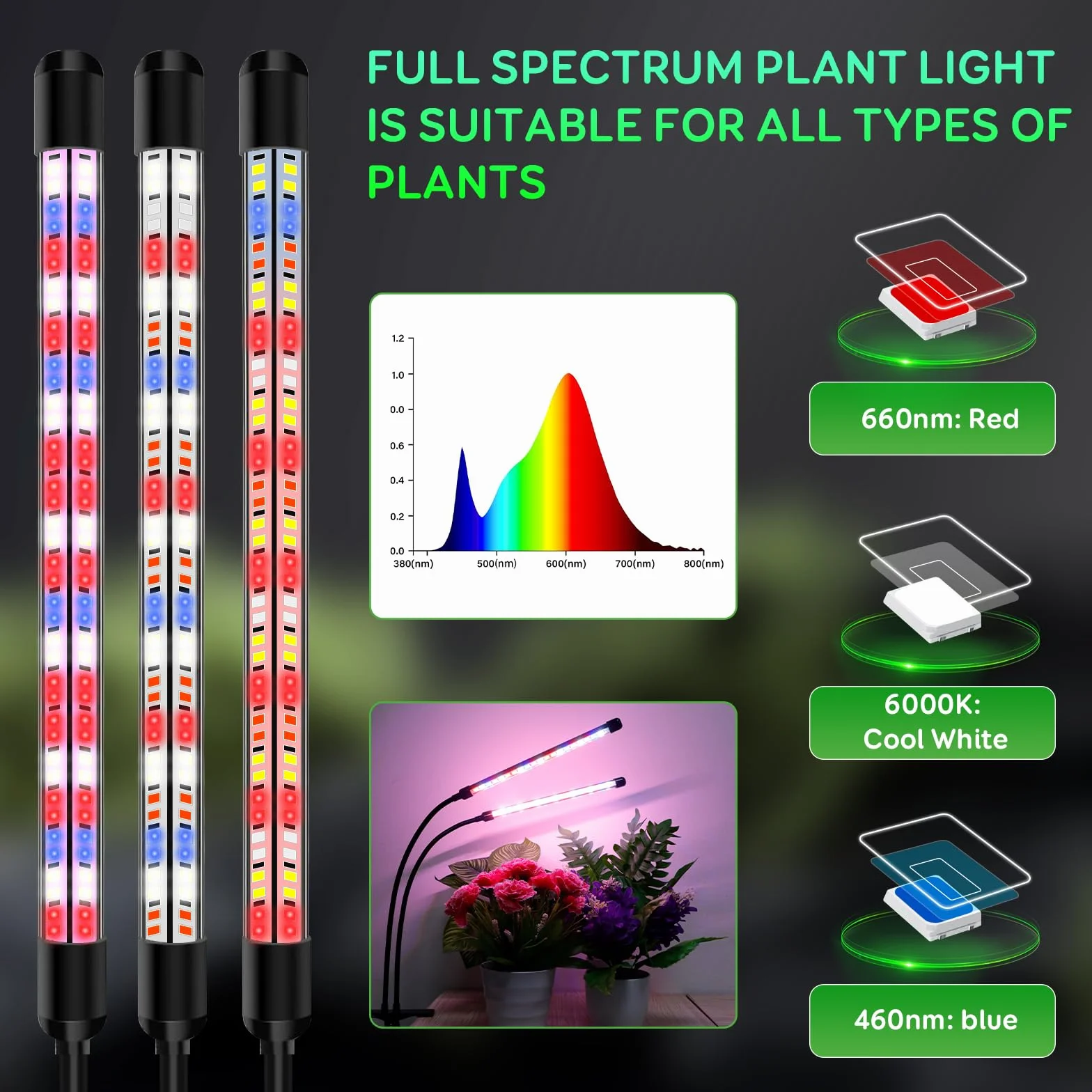 Lampe de Croissance LED 2 Têtes, Spectre Complet, Minuteur, 3 Modes de Couleur, 5 Niveaux de Dimming, Plantes d'Intérieur (Rouge+Bleu)