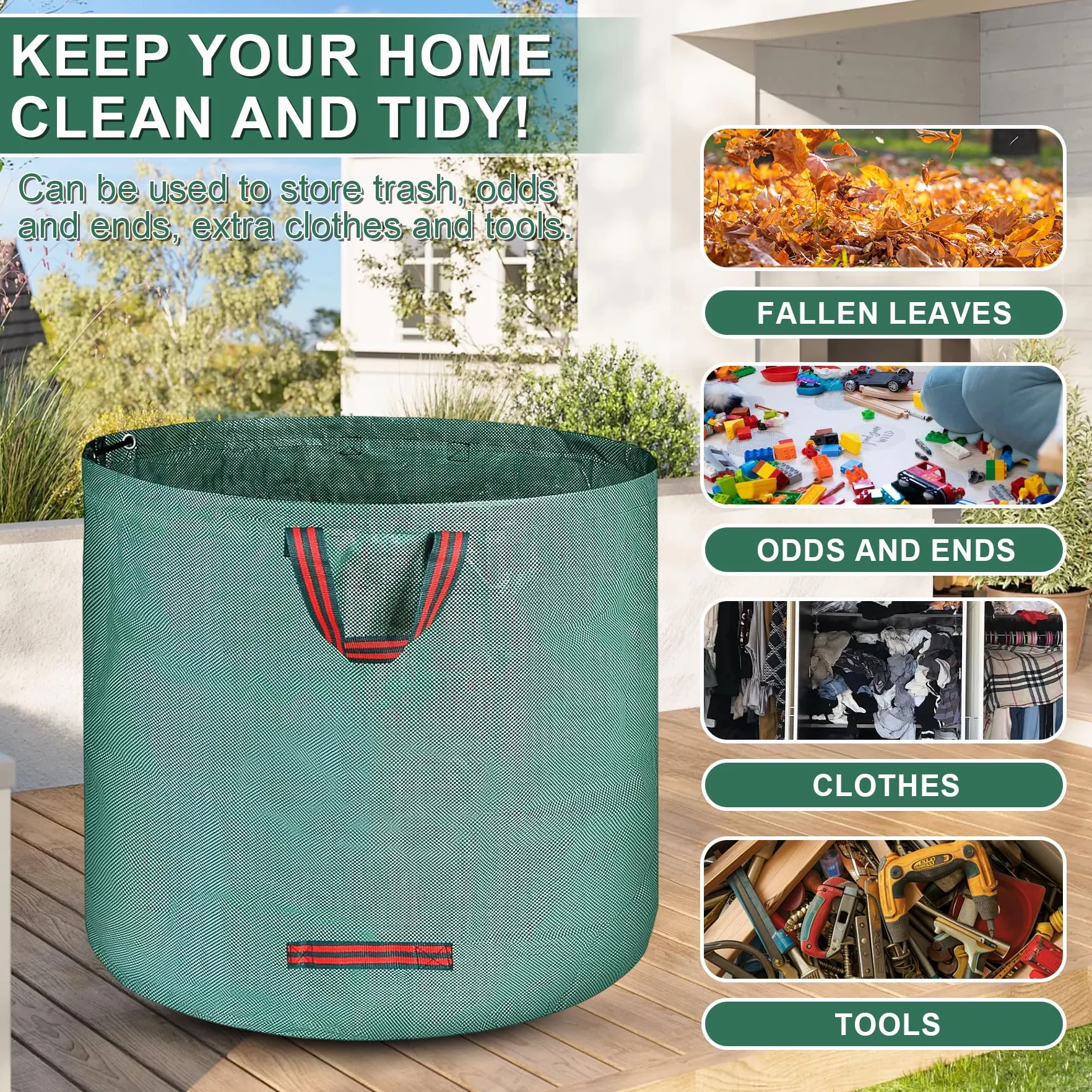 Sac Jardin 500L Vert Dechets Verts Pliables Reutilisables avec Poignees