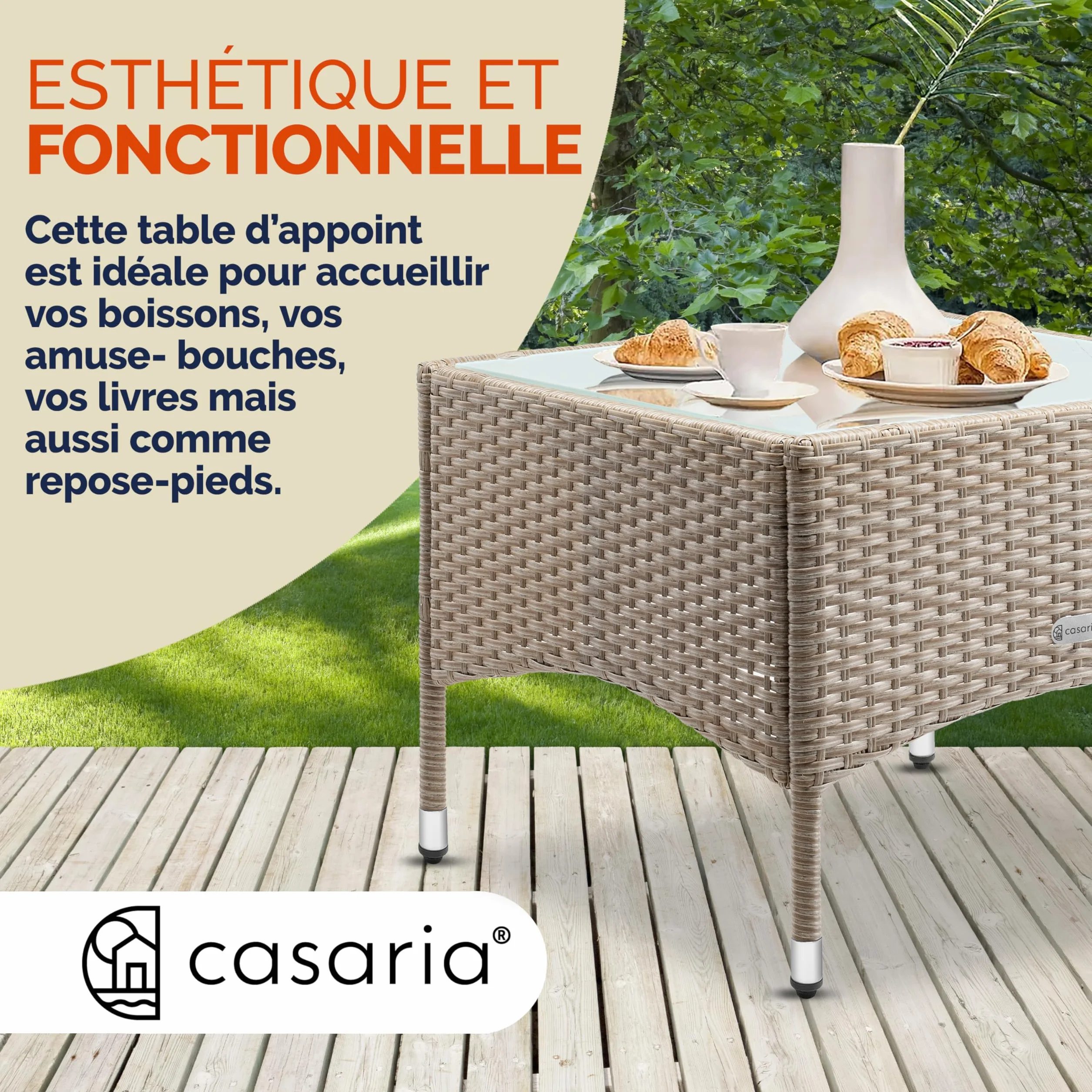 Casaria Table d'appoint en polyrotin crème 58x58x42cm Table Basse de Jardin carrée avec Plaque en Verre