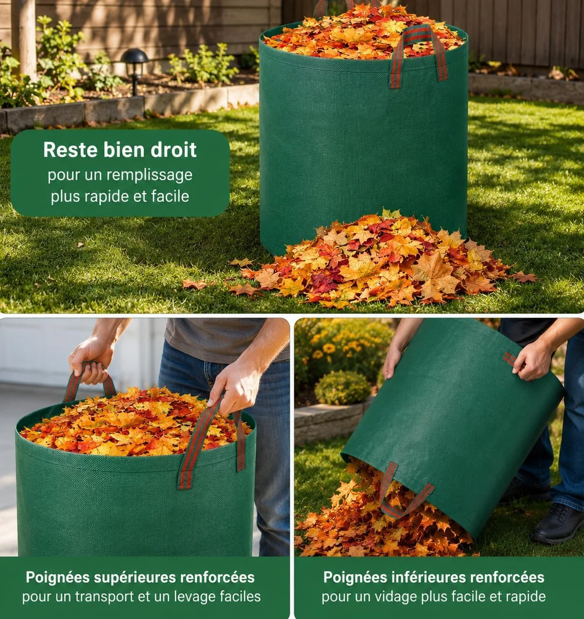Sacs à Déchets de Jardin Robustes 272L Lot de 6 Réutilisables avec Poignées Pliables Tissu Industriel