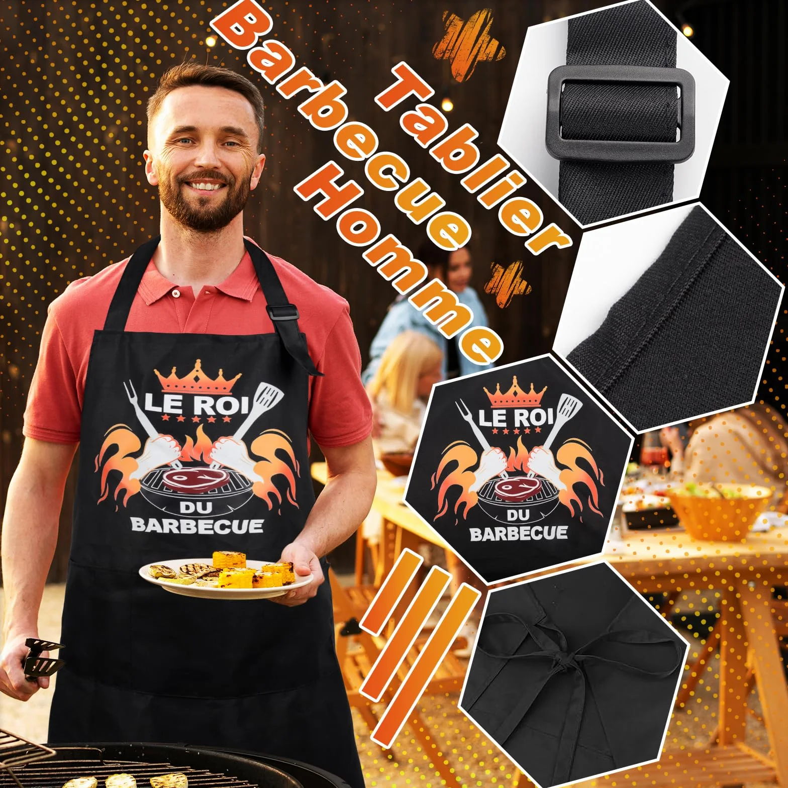 Tablier Barbecue Homme Papa Cuisine Cadeau Anniversaire Fête Des Pères Roi Du Barbecue Chef Humoristique 3 Poches BBQ Noël