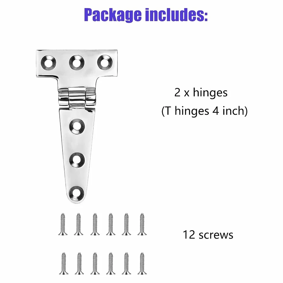 Charnières en T de qualité marine, 4 x 2, charnières de bateau, silencieuses, en acier inoxydable 316 résistant, avec vis (2 pièces)