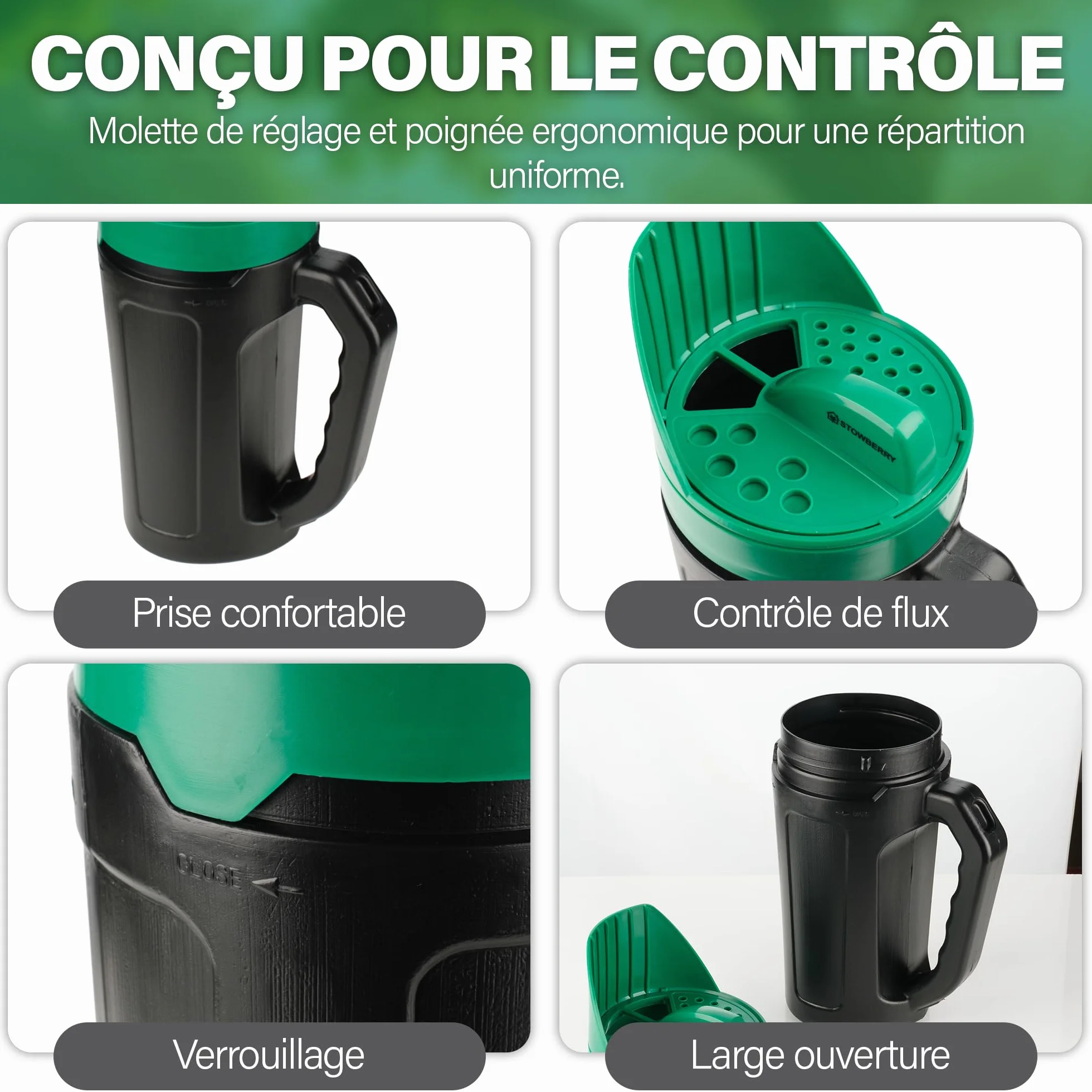 Épandeur de semences STOWBERRY avec cadran réglable pour sel, engrais et gazon