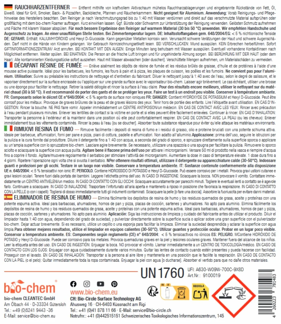 Bio-Chem Décapant résine de fumée 0,5L Nettoyant dégraissant 2 en 1 Vaporisateur pour Grill et Barbecue