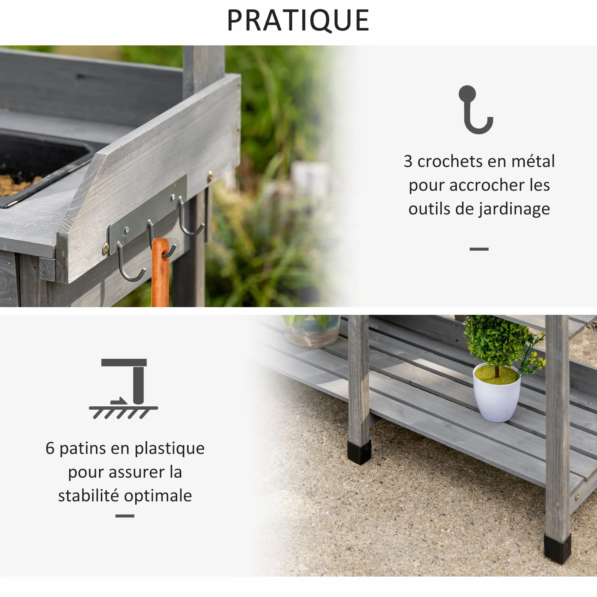 Outsunny Table de rempotage Multi-équipée Jardinage Bois Sapin Gris avec tiroir étagères évier Crochets