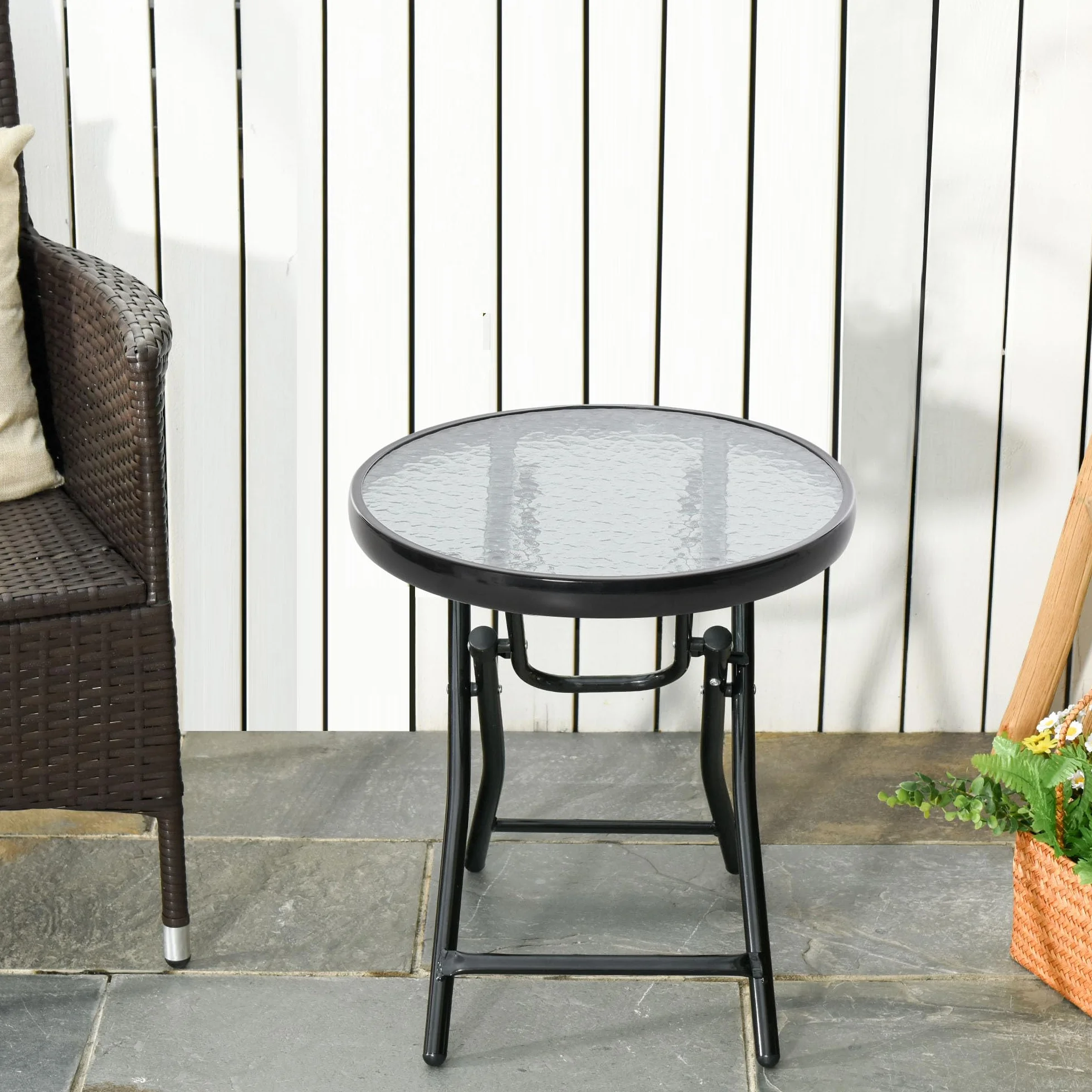Outsunny Bistro de Jardin Table Basse Ronde Pliable 45 x 50 cm Métal Noir Verre Trempé