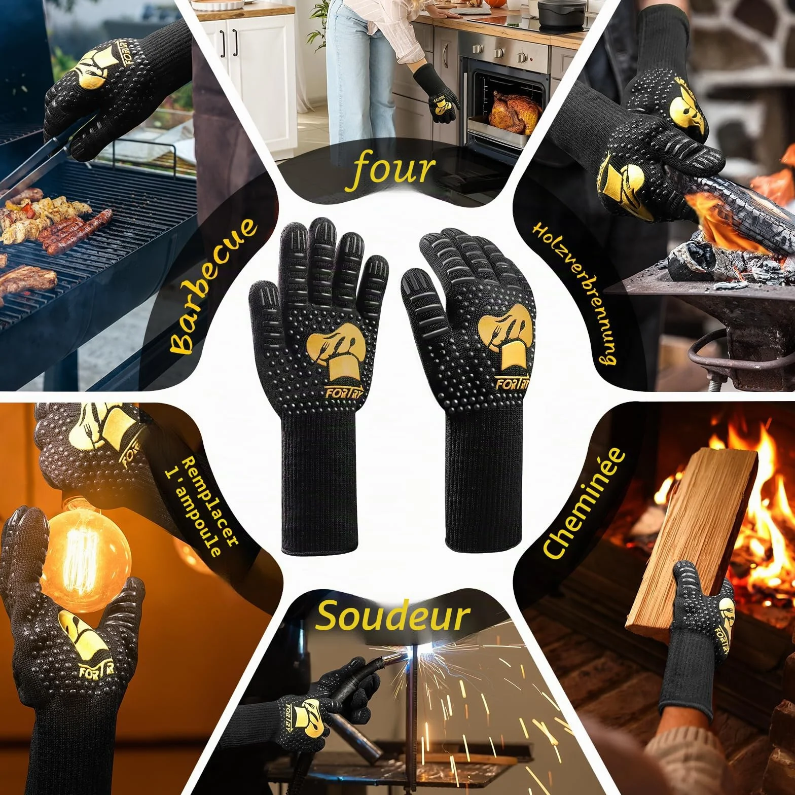 Gant Barbecue Anti Chaleur 800°, Four antidérapants, Cuisson Cuisine Respirants, ignifuges, pour BBQ L-XXL