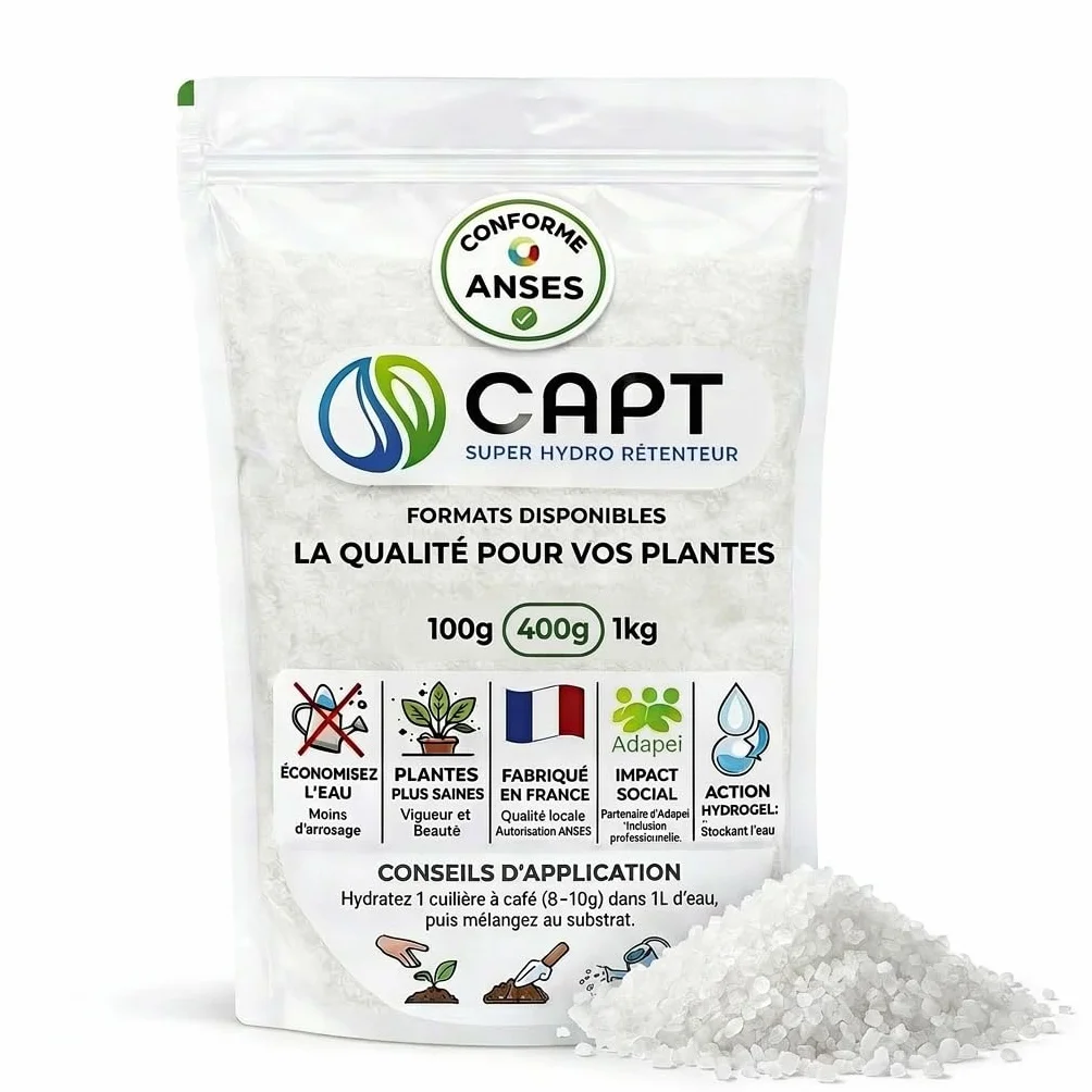 CAPT® Hydro-Rétenteur d'Eau pour Plantes - Billes Réserve d'Eau, Arrosage Automatique Vacances (400g) - Gel Rétention d'Eau, Fabrication Française Homologuée ANSES