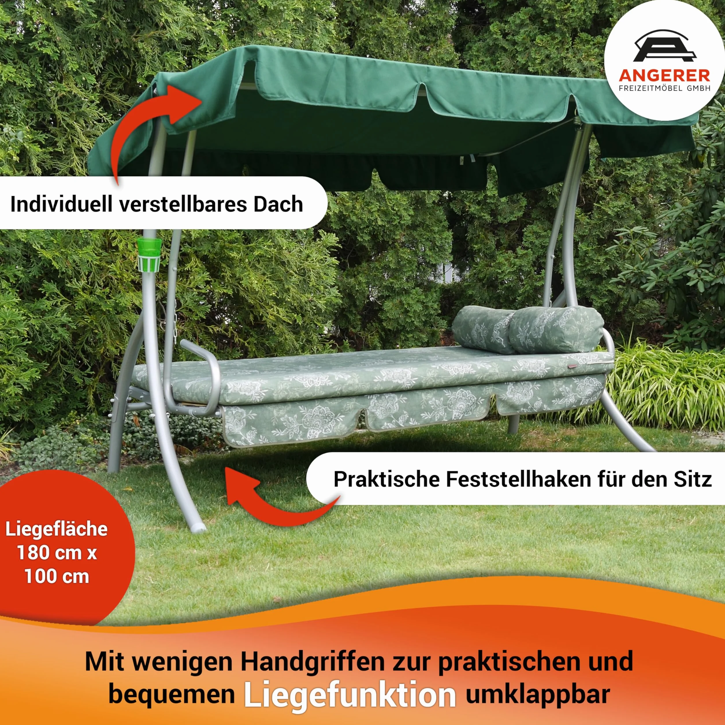 Angerer Balancelle de Jardin Trend 3 Places Convertible en Lit Acier Galvanisé Toit Ajustable Coussins Lavables 270 kg