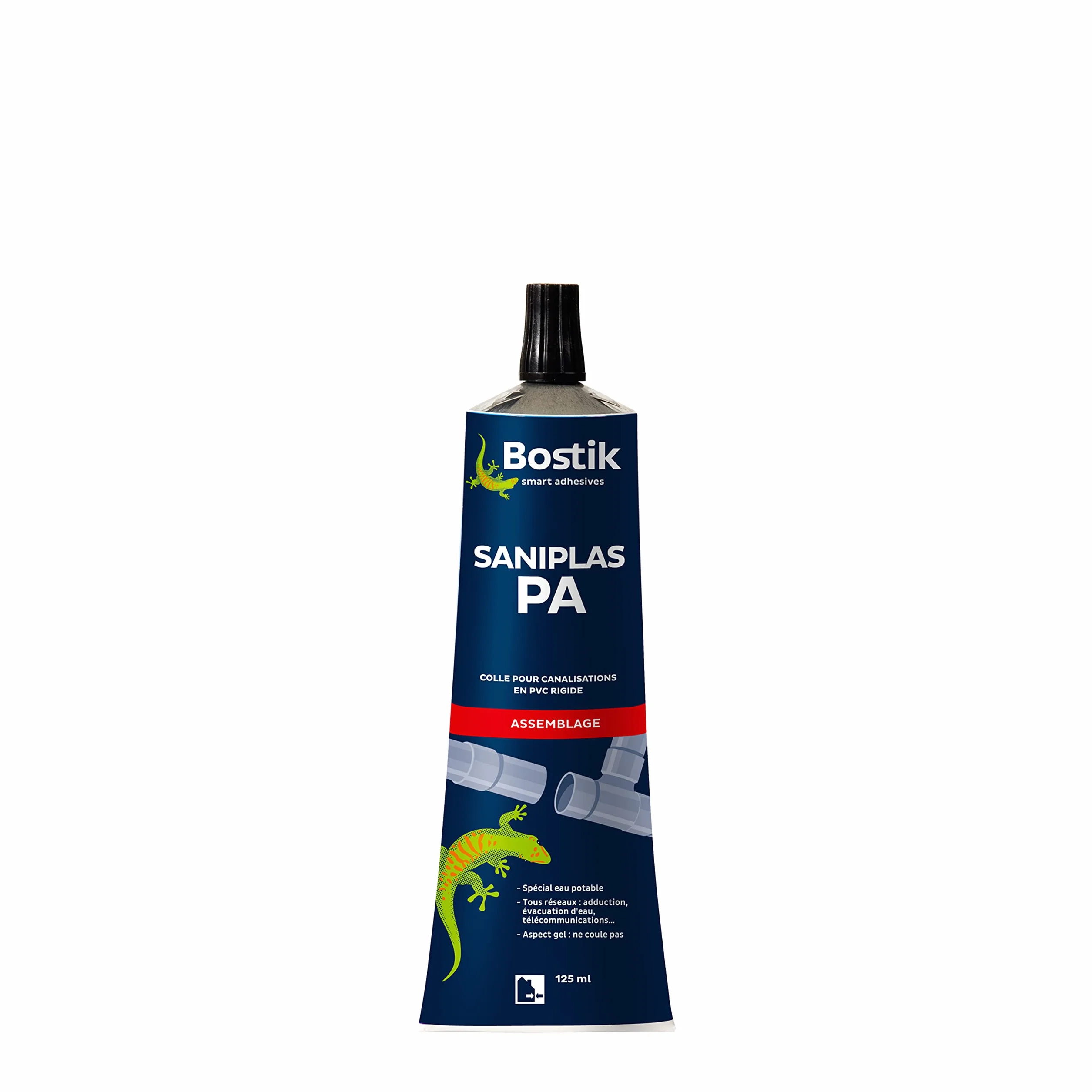 Bostik Colle Gel PVC Saniplas PA, Assemblage Tubes et Raccords PVC Rigide non plasifiés, Tous réseaux, Compatible Eau Potable, Tube de 125ml, Incolore