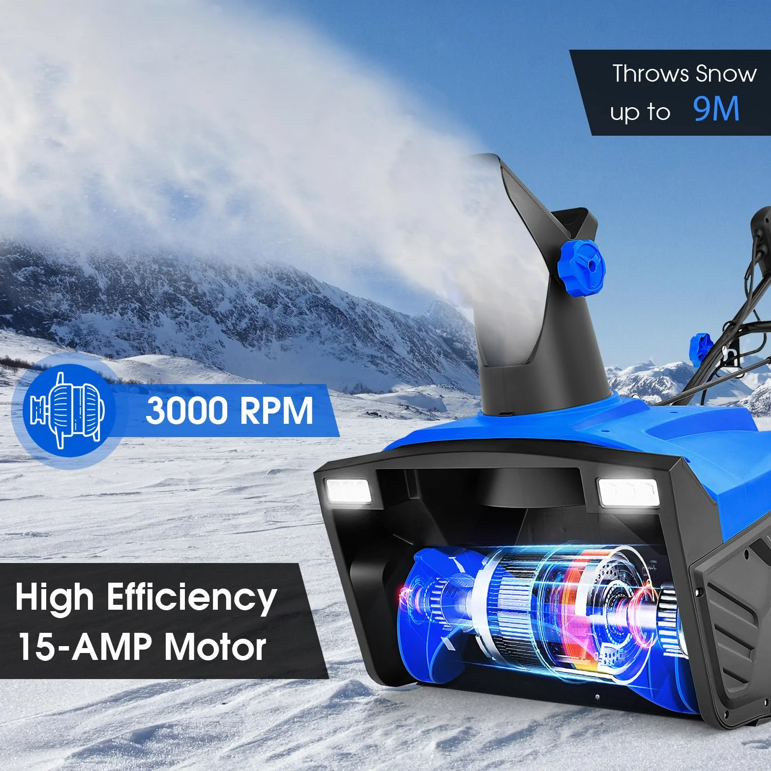 SOARS Fraise à Neige Électrique 2300W Déneigeuse avec Projecteurs LED, Largeur 50 cm, Hauteur 25 cm, Distance d'Éjection 9 m