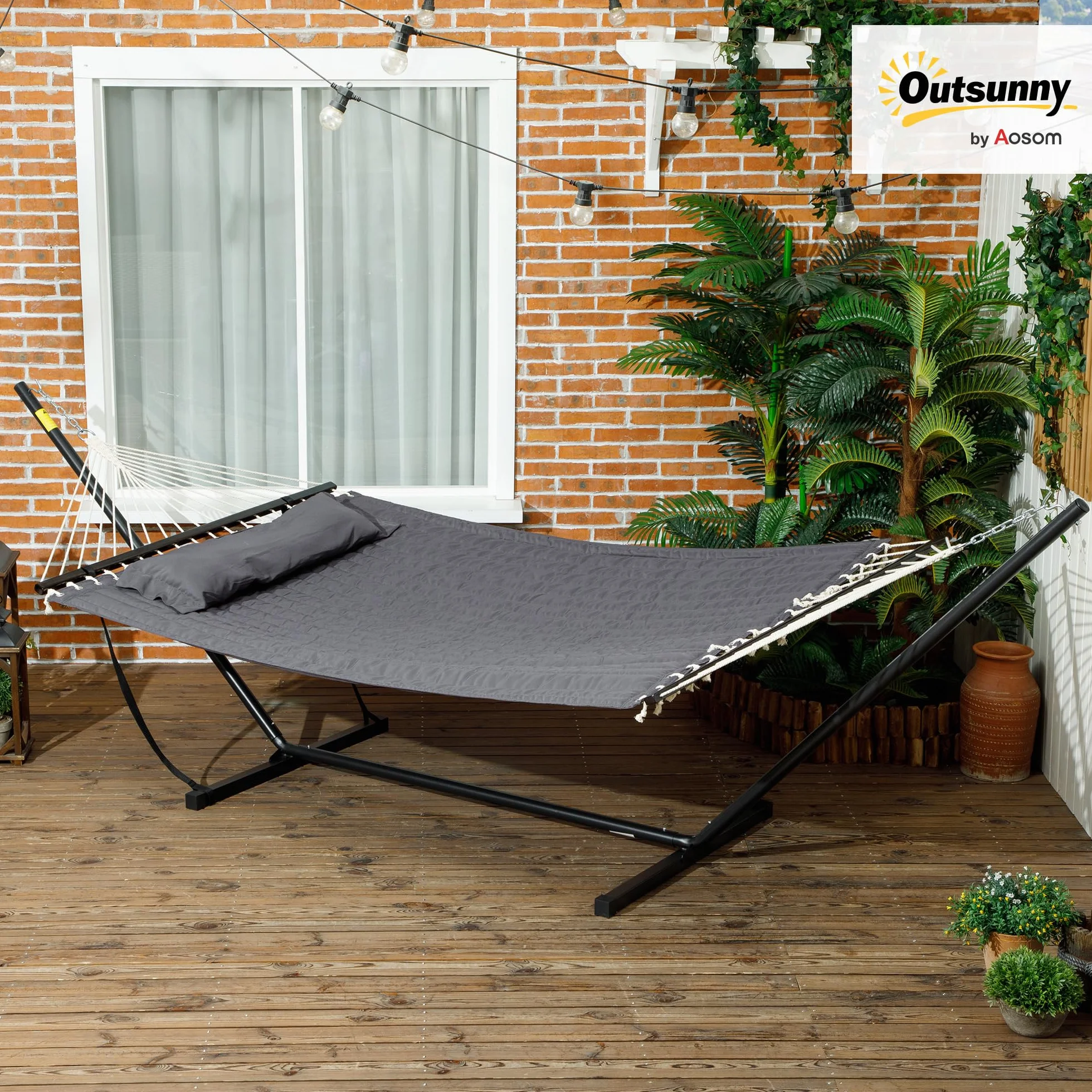 Outsunny Hamac sur Pied avec Oreiller, Support Acier, Barres d'écartement, Camping Plein air, Plage, Gris foncé