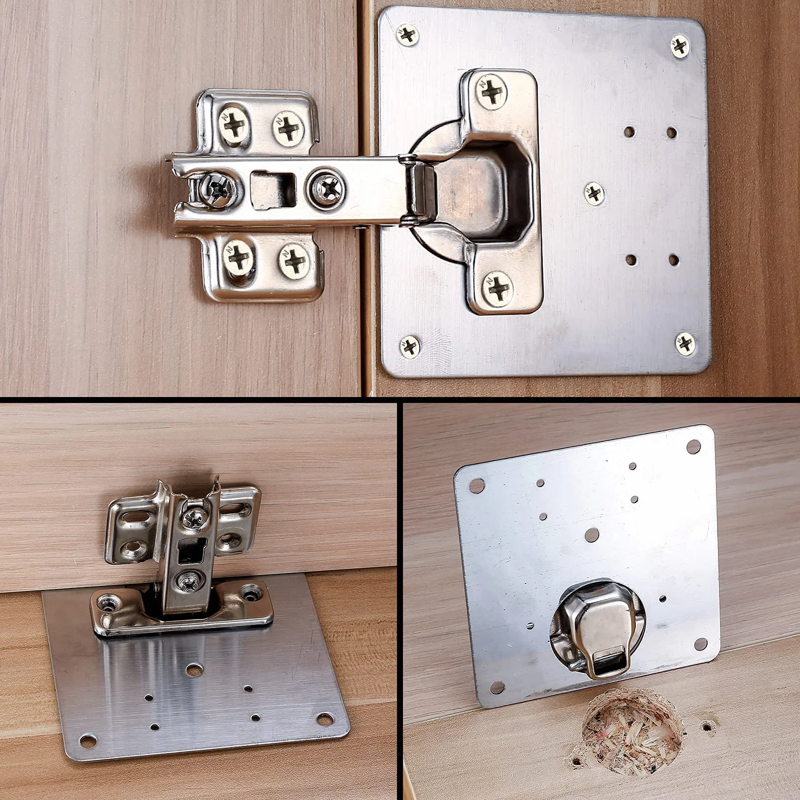 Lot de 4 supports de charnières inox avec trous, quincaillerie de placards pour cuisine et portes, charnières à plat, plaques de réparation 32 vis