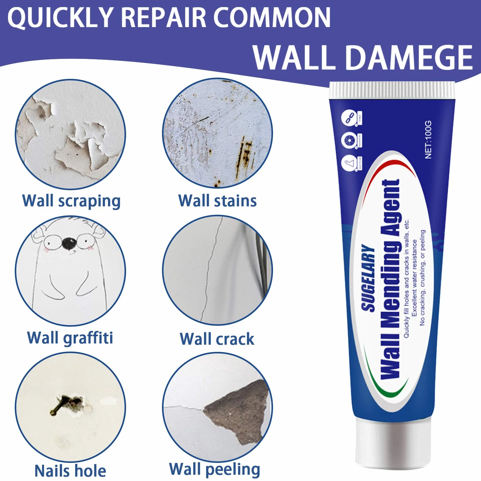 Crème de Réparation Murale, Enduit de Rebouchage Imperméable et à Séchage Rapide, Enduit de Rebouchage Pâte de Murs qui Répare Efficacement les Rayures, Trous, Fissures, Graffitis (100g -1 pièce)