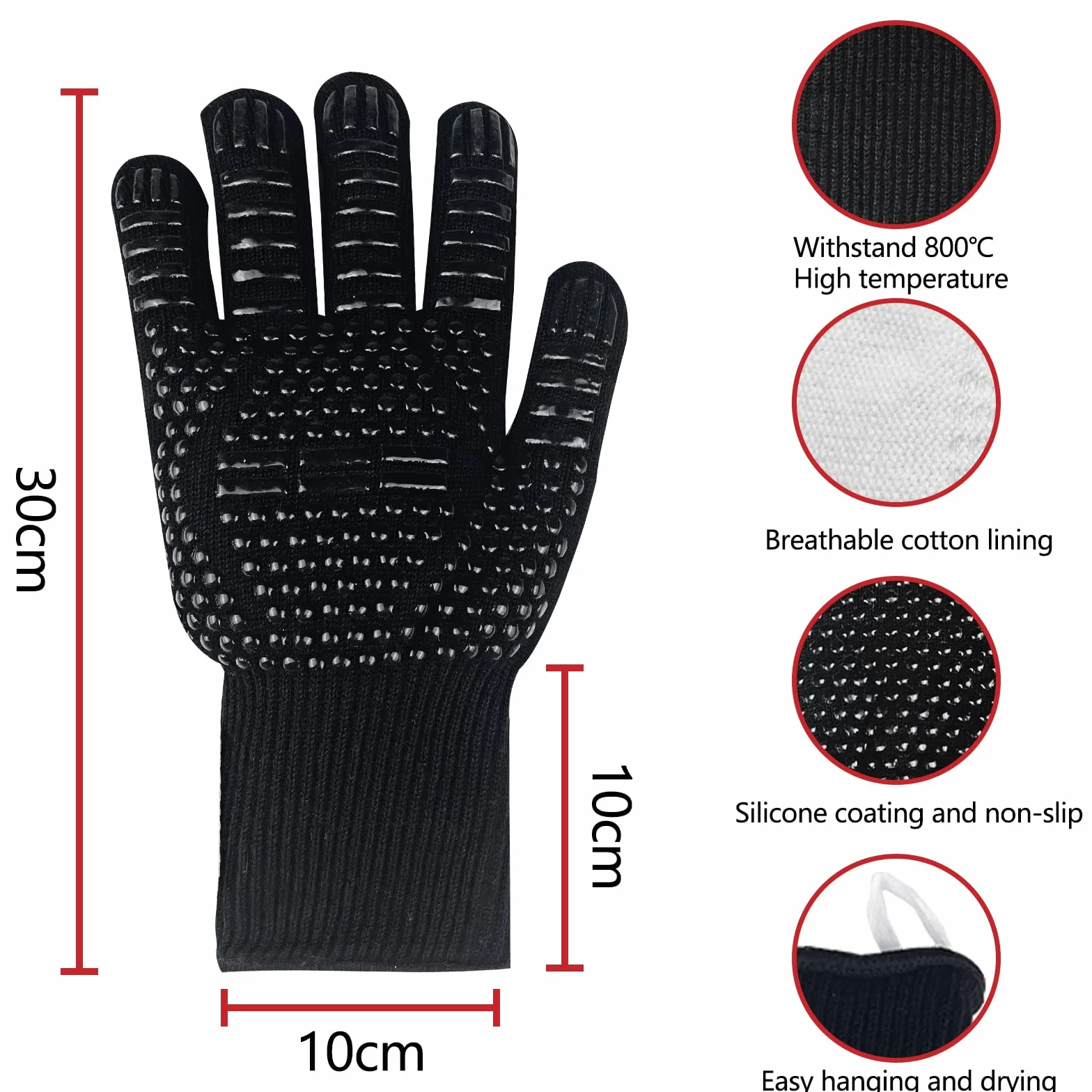 Gants de Barbecue Anti Chaleur 800°C Silicone Ignifuge Antidérapants avec Protection Avant-Bras Noir