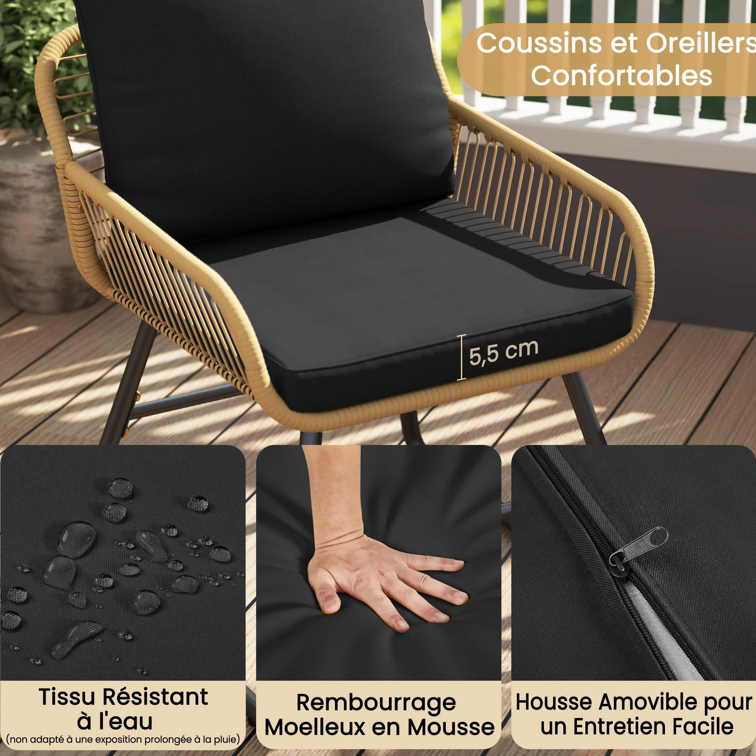 Abician Salon de Jardin Polyrotin 3 Pièces Ensemble 2 Personnes Fauteuils Table Basse Verre Trempé Beige Noir