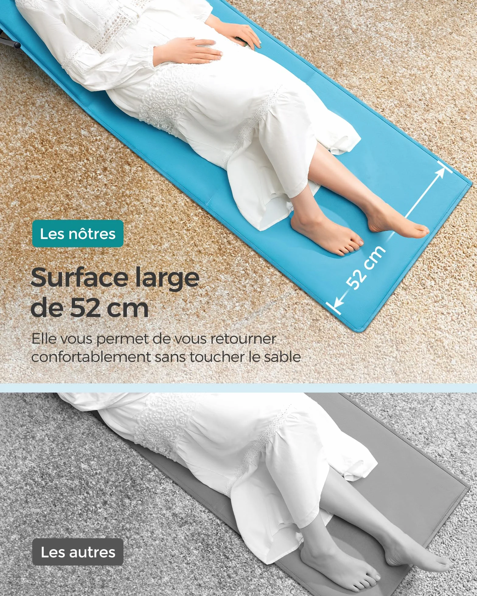 SONGMICS Chaise Longue Transat de Plage 158x55 cm Bleu Ciel Dossier Inclinable Appui-tête Portable