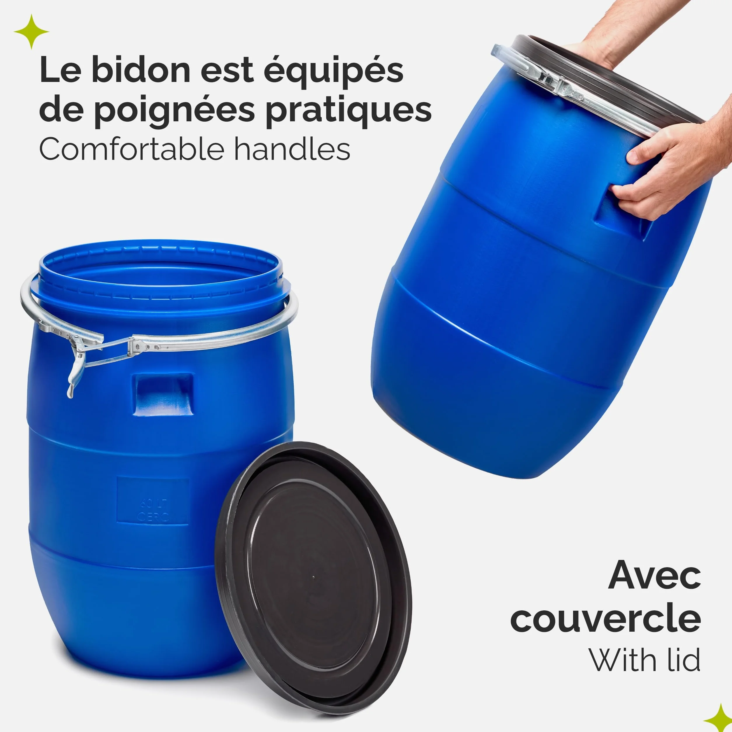 Lot de 2 fûts 60L HDPE Alimentaire sans BPA Barils Large Ouverture Bleu