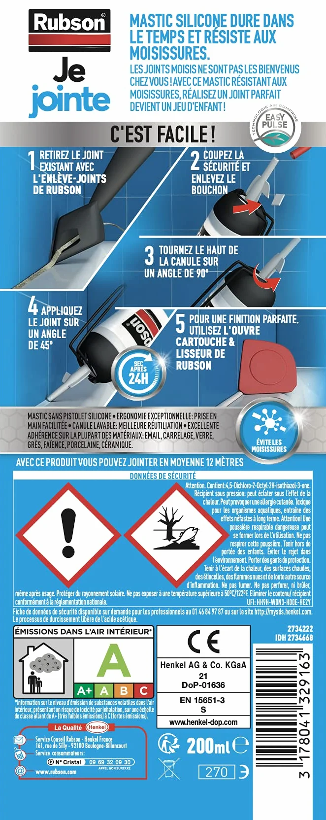 Rubson – Je Jointe Mastic Blanc 200 ml, mastic étanche anti-moisissure en aérosol prêt à l'emploi, silicone durable pour joints sanitaires spécial Bain & Cuisine