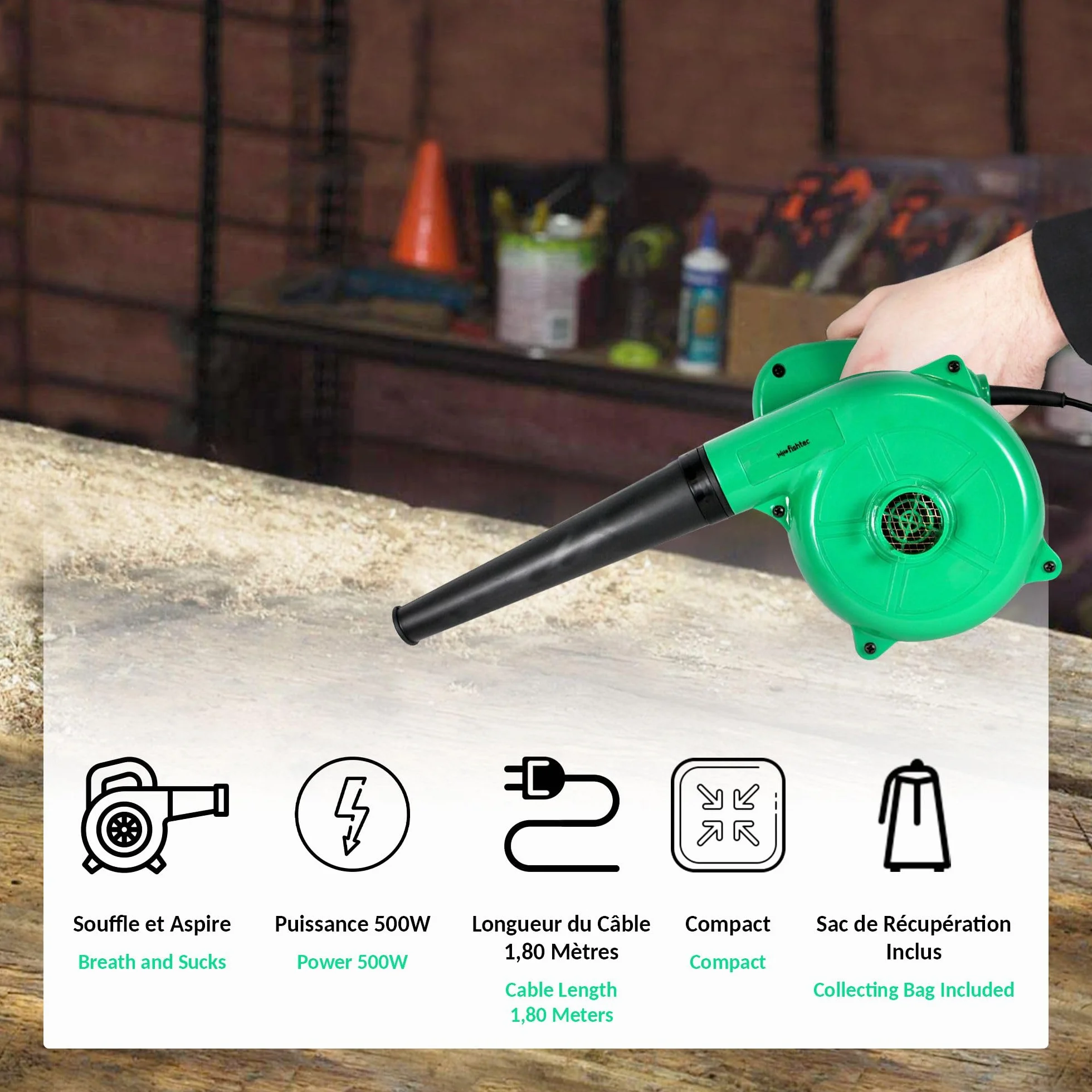 FISHTEC Mini Souffleur Aspirateur 2 en 1 500W Électrique avec Sac Feuilles Jardin