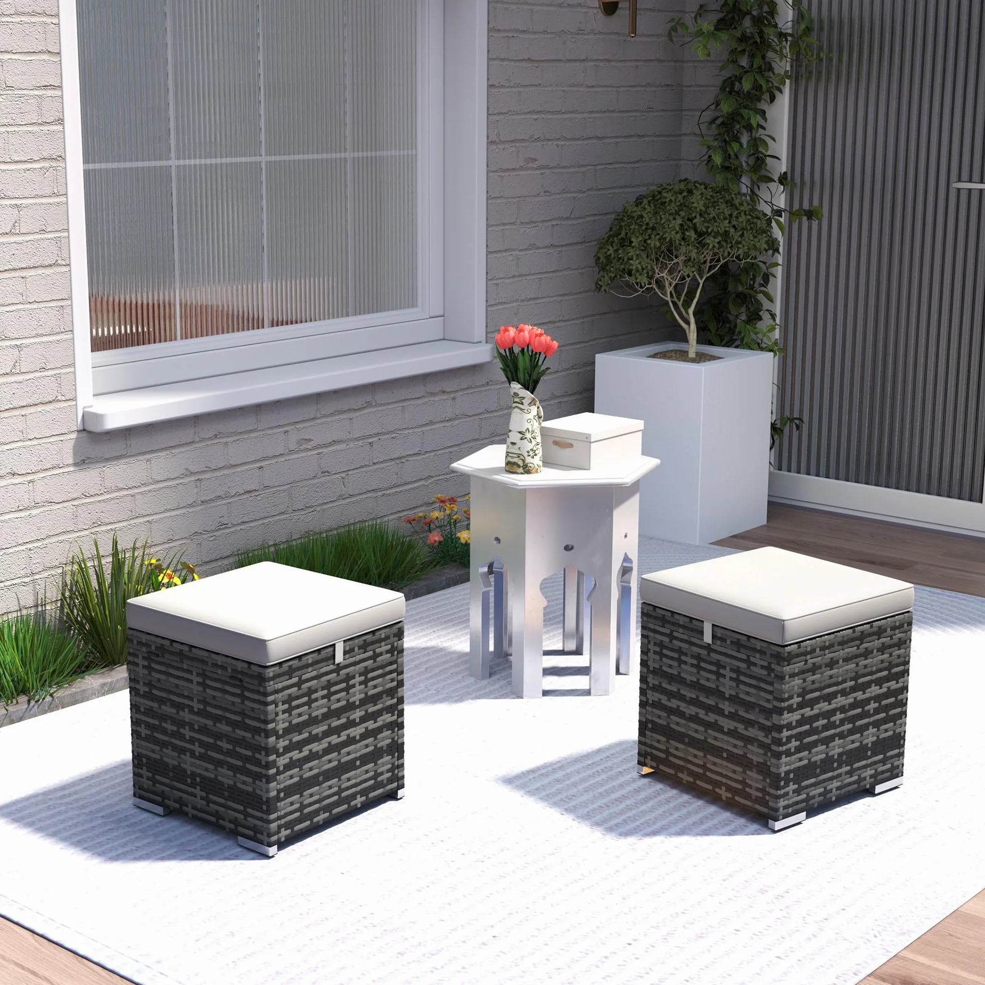 Outsunny Lot de 2 Tabourets avec Rangement en Rotin PE, Pouf Jardin 40x40x41 cm Gris Clair