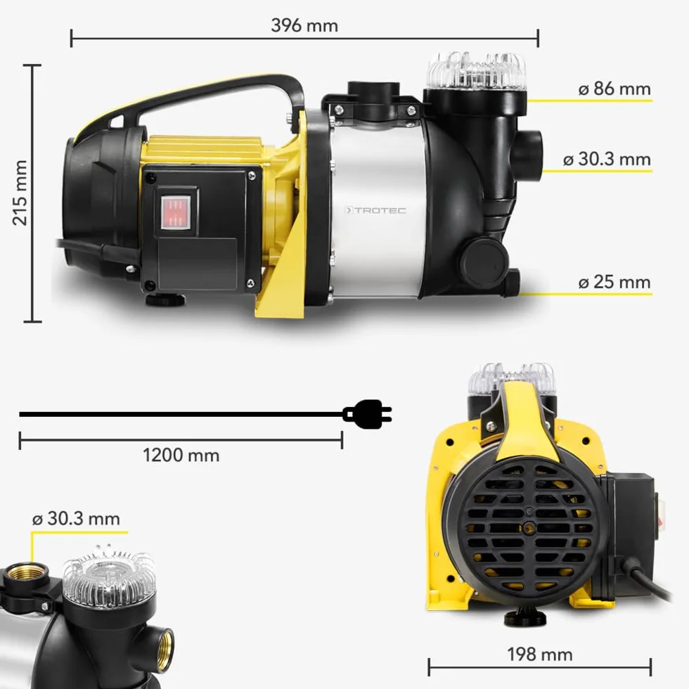TROTEC Pompe de jardin TGP 1005 ESF - débit 3500 l/h, 1000 W - pression de refoulement 4,2 bar, hauteur de refoulement 42 m, hauteur d'aspiration 7 m, pompe à eau pour fûts et récupérateurs