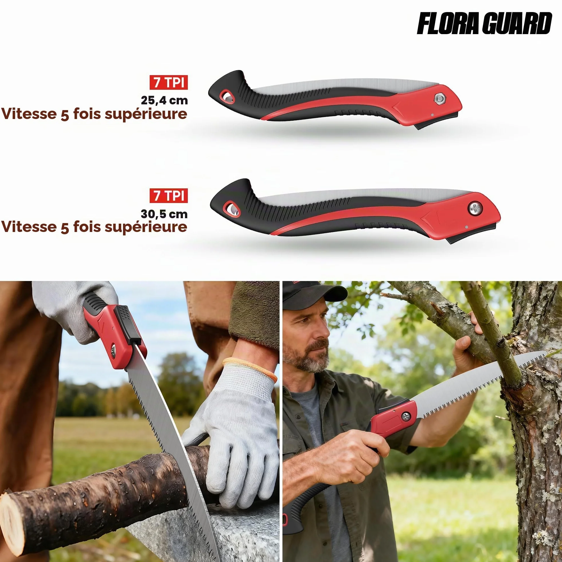 FLORA GUARD Scie à Élaguer 30 cm, Lame en Acier SK5 Haute Qualité, Scie à Main avec Dents 3D pour Taille des Arbres et Camping