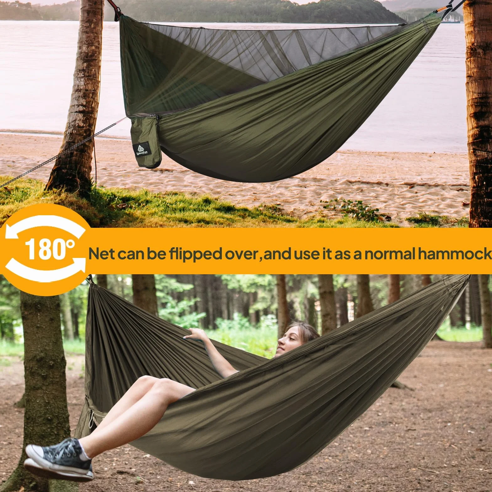 NATUREFUN Hamac de Camping avec Moustiquaire 300kg 290x140 cm Nylon Parachute Respirant